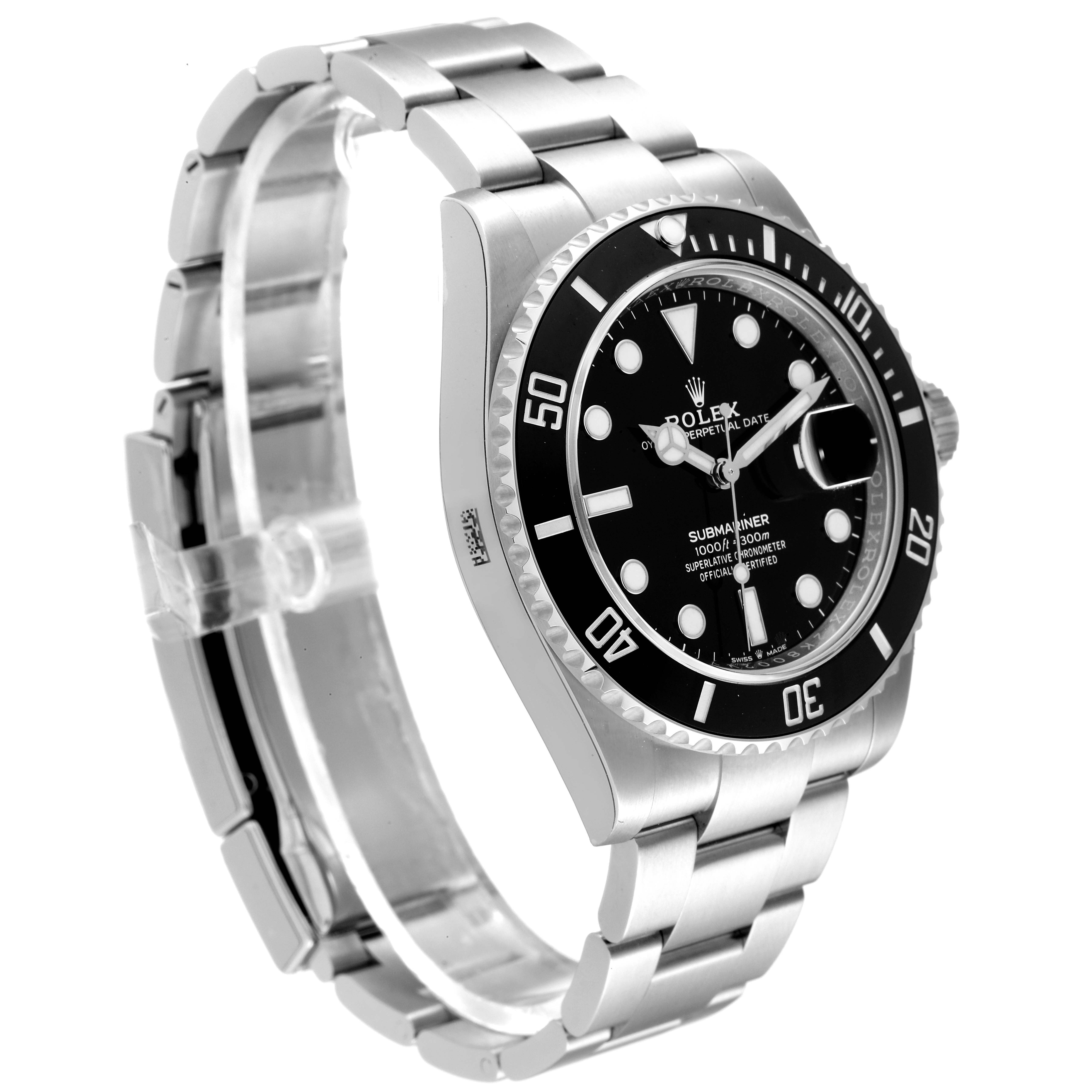 The image shows the right side and bracelet of a Rolex Submariner 126610 Men's Stainless Steel Black Dial 126610 Men's Stainless Steel Black Dial watch, angled to highlight its face and bezel.