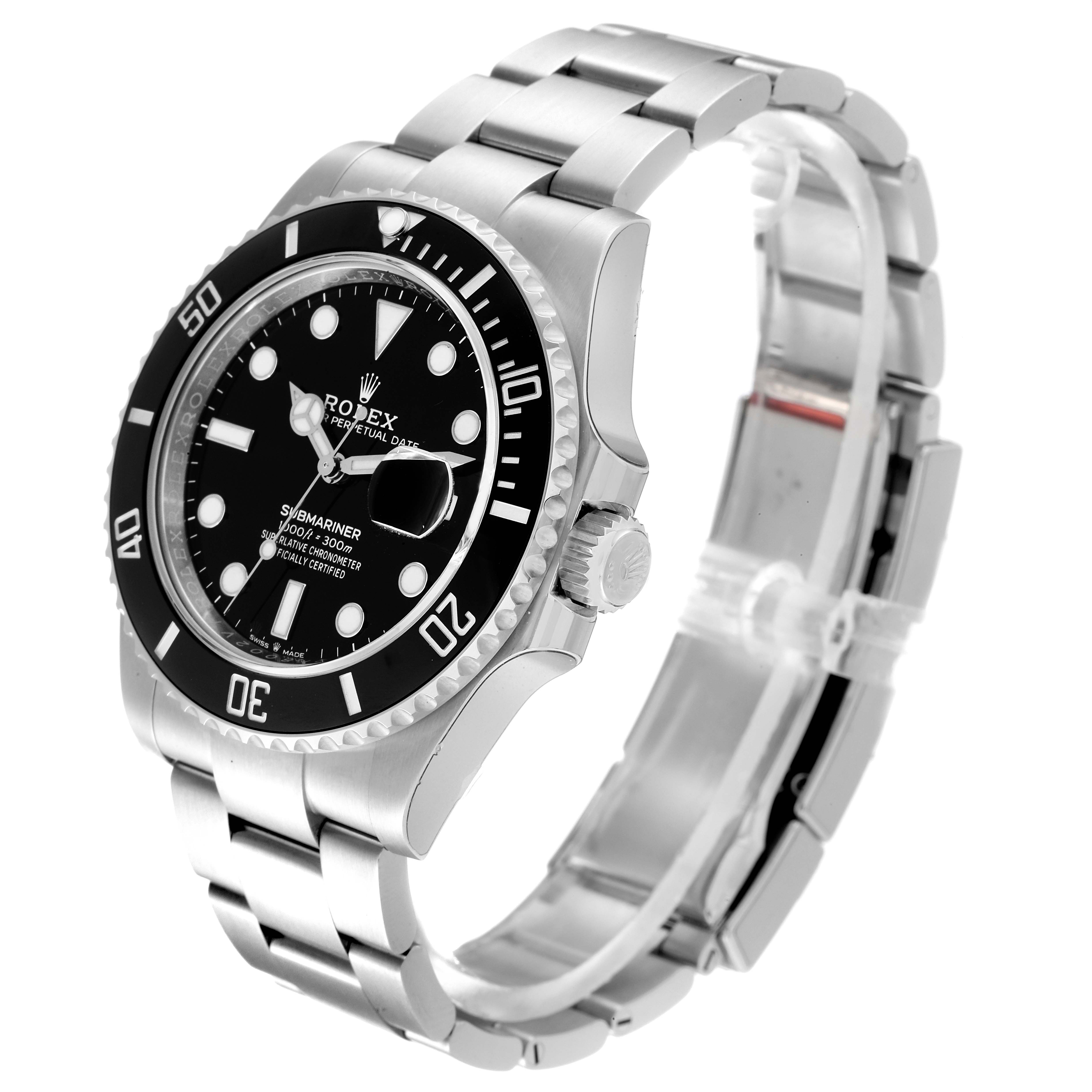 The image shows a side angle of a Rolex Submariner 126610 Men's Stainless Steel Black Dial 126610 Men's Stainless Steel Black Dial, displaying the face, crown, and stainless steel bracelet.