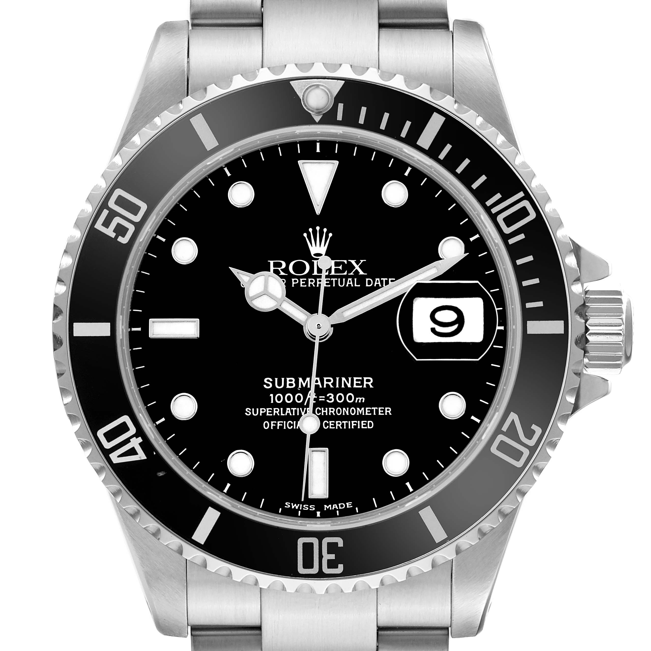 The image shows a front view of the Rolex Submariner 16610 Men's Stainless Steel Black Dial watch, displaying the dial, bezel, hands, and date window.