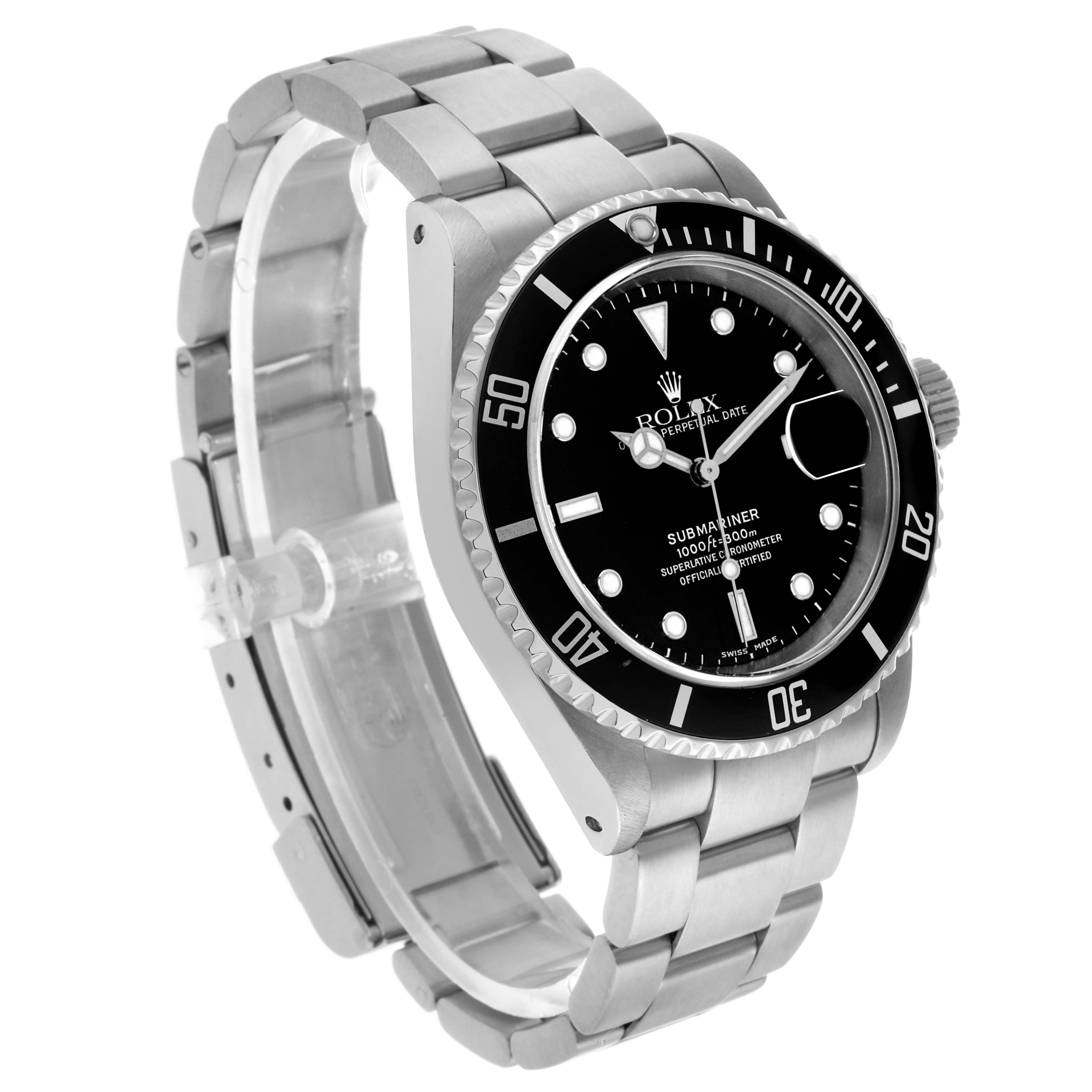 The image shows a Rolex Submariner 16610 Men's Stainless Steel Black Dial from a three-quarter angle, highlighting the dial, bezel, bracelet, and clasp.