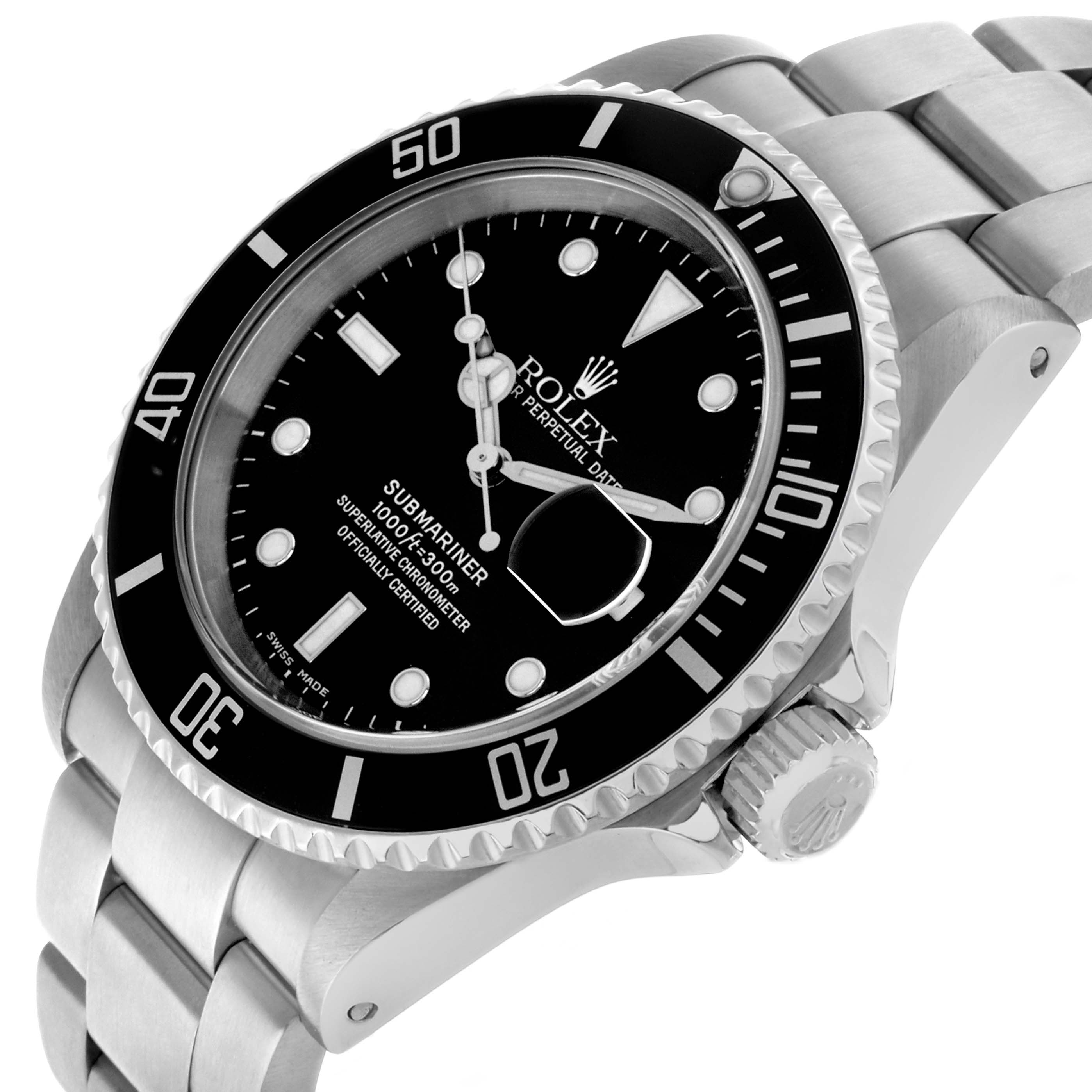 The Rolex Submariner 16610 Men's Stainless Steel Black Dial watch is shown at a slight angle, highlighting the dial, bezel, crown, and bracelet.