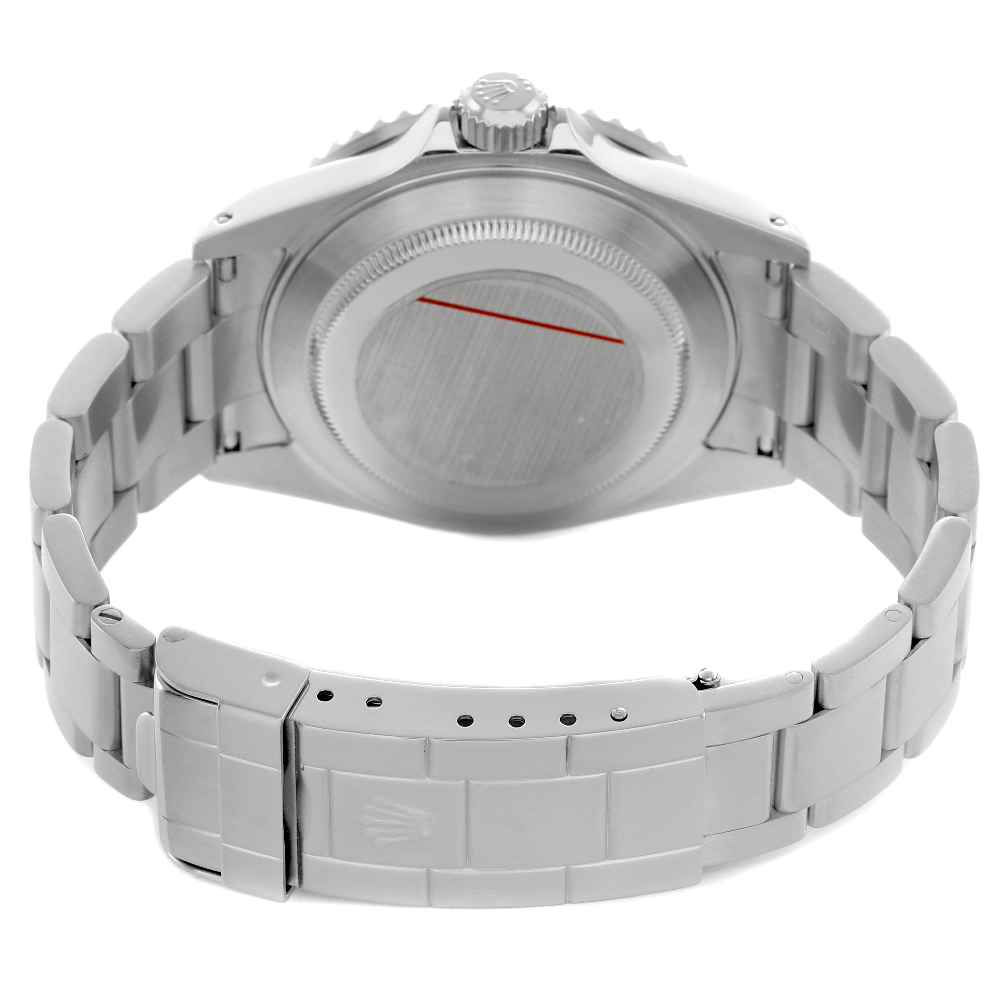 The image shows the back and bracelet of a Rolex Submariner 16610 Men's Stainless Steel Black Dial, highlighting the case back and clasp.