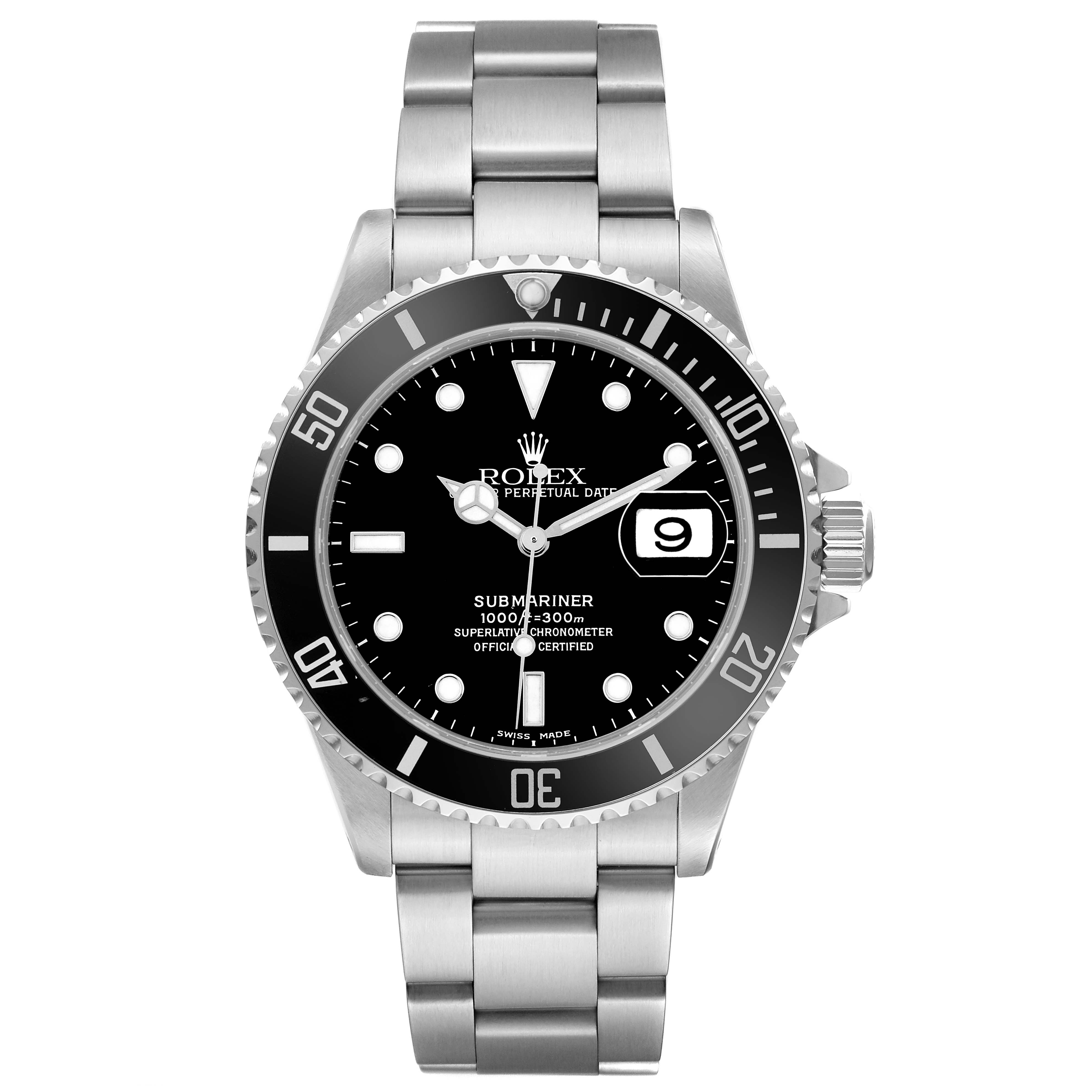 The Rolex Submariner 16610 Men's Stainless Steel Black Dial watch is shown from a front angle, featuring the dial, bezel, bracelet, and date display.