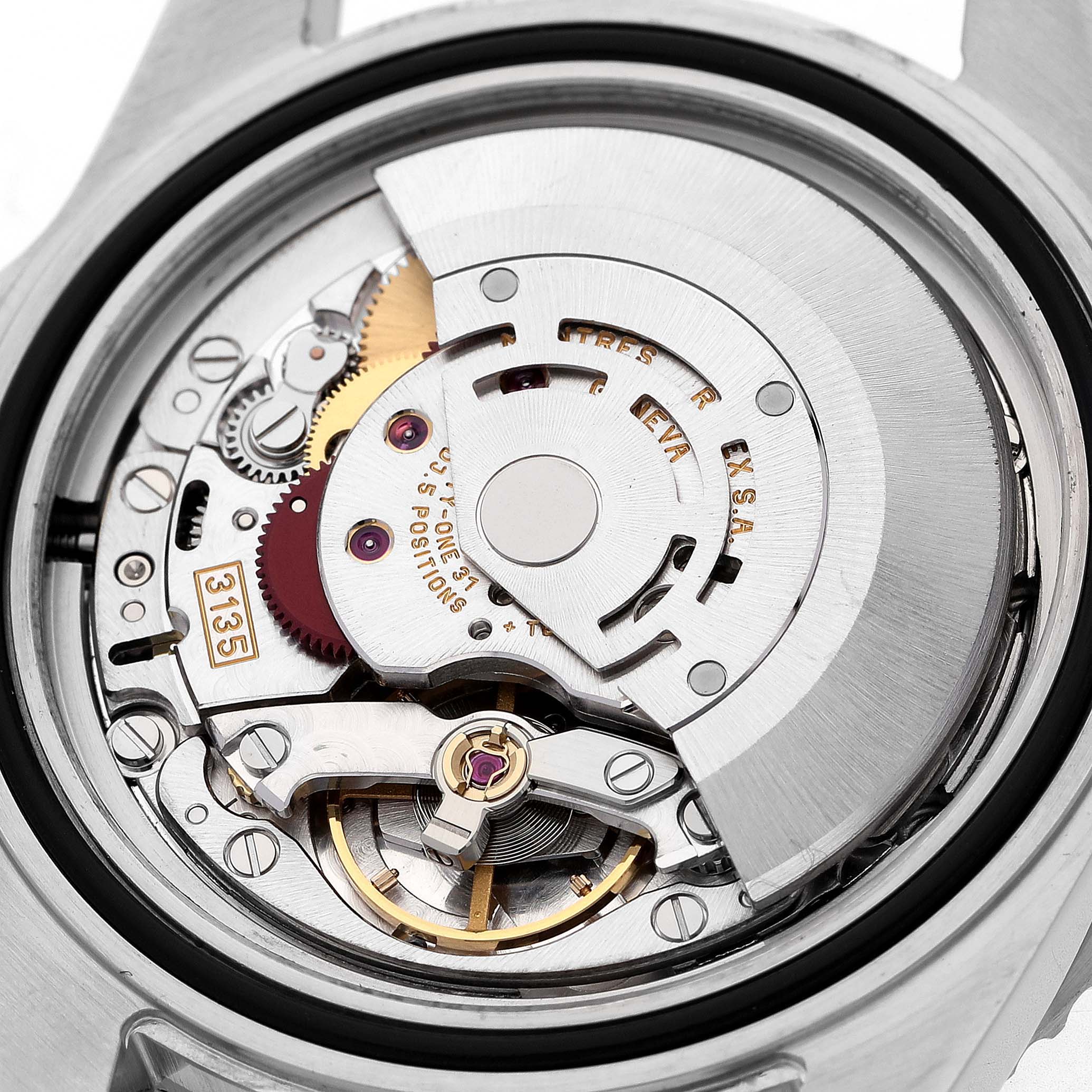 The image shows the movement and internal mechanics of a Rolex Submariner 16610 Men's Stainless Steel Black Dial watch from the back angle.