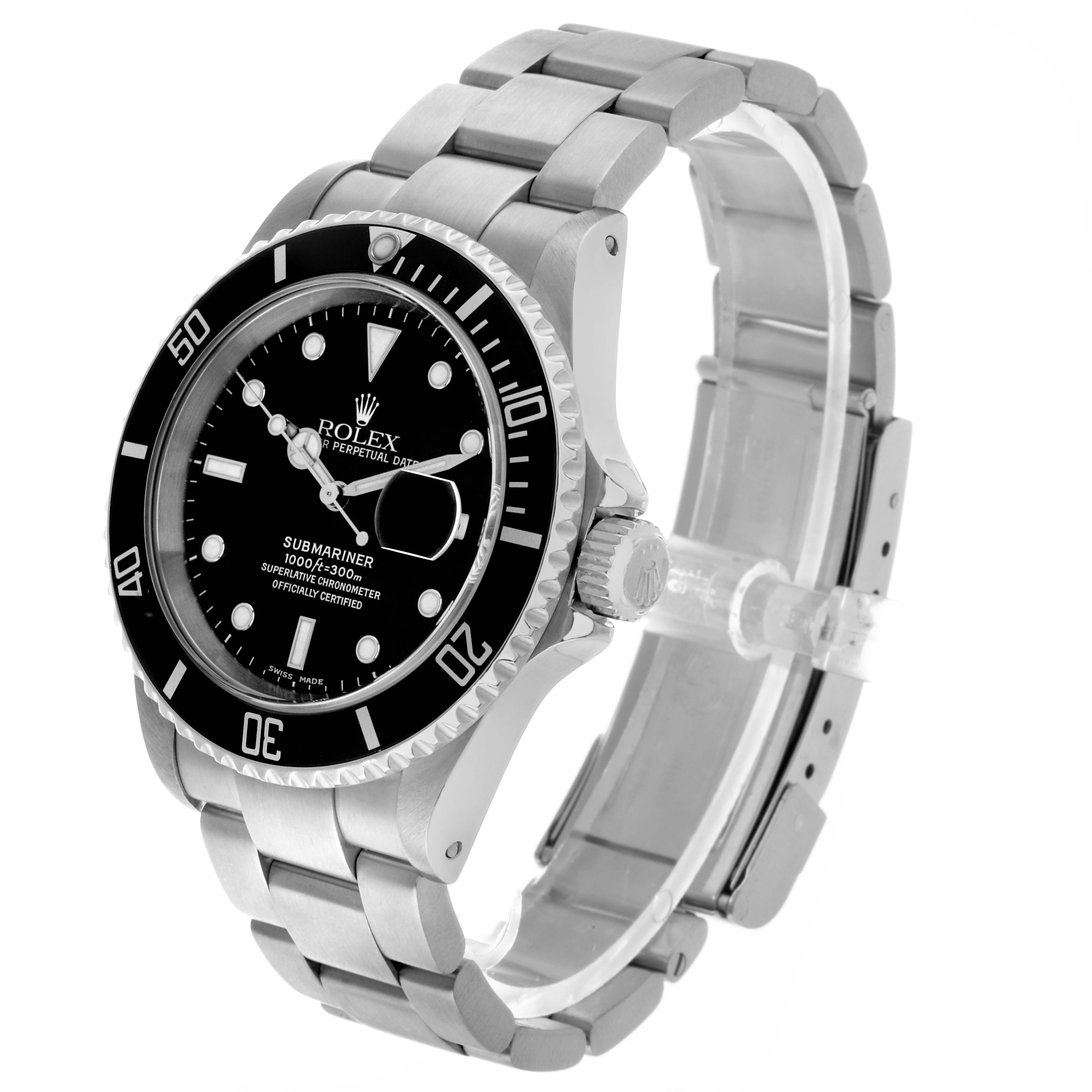 The Rolex Submariner 16610 Men's Stainless Steel Black Dial is shown at a three-quarter view, displaying its dial, bezel, crown, and stainless steel bracelet.