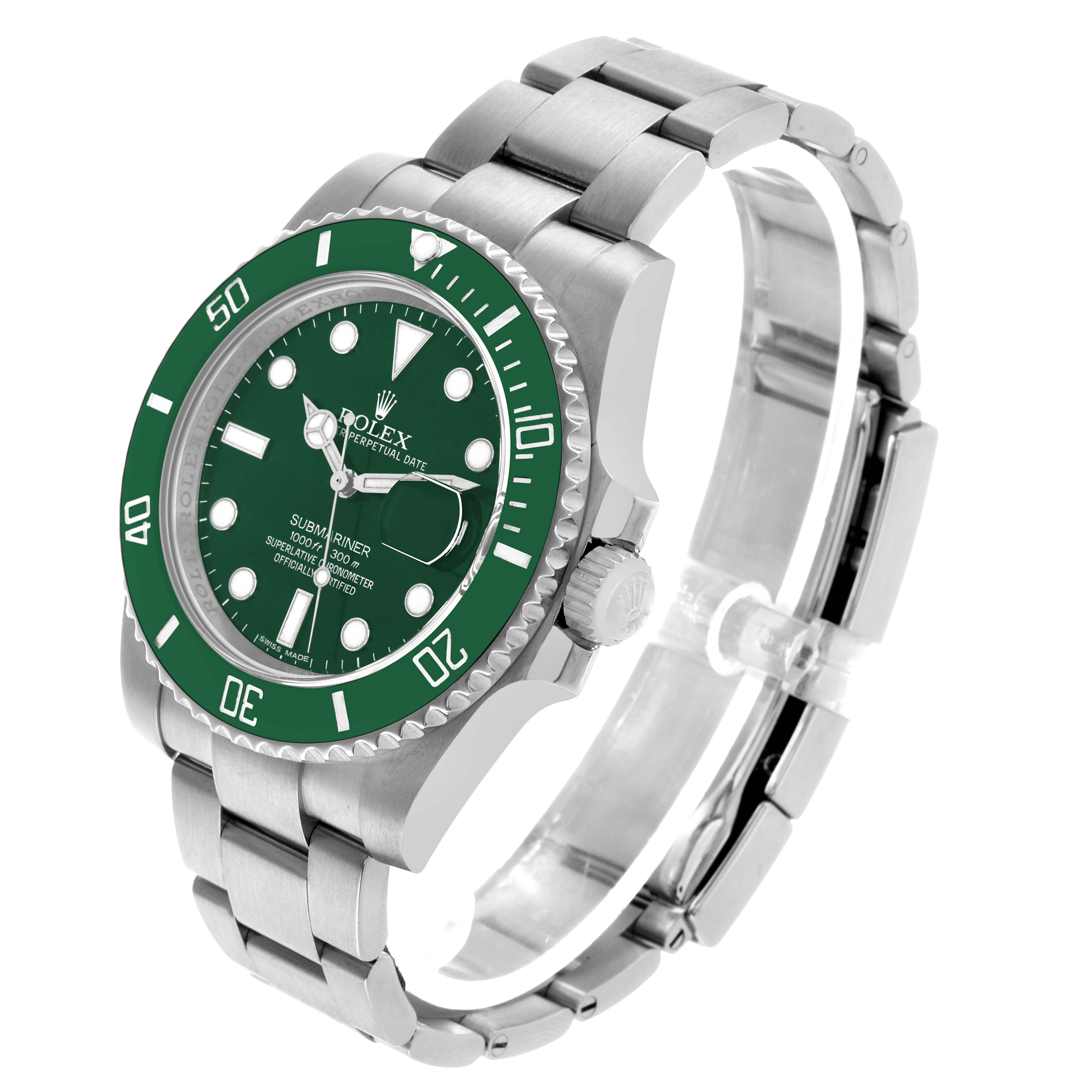 The Rolex Submariner 116610LV Men's Stainless Steel Green Dial watch is shown at a three-quarter angle, displaying the face, bezel, crown, and bracelet.