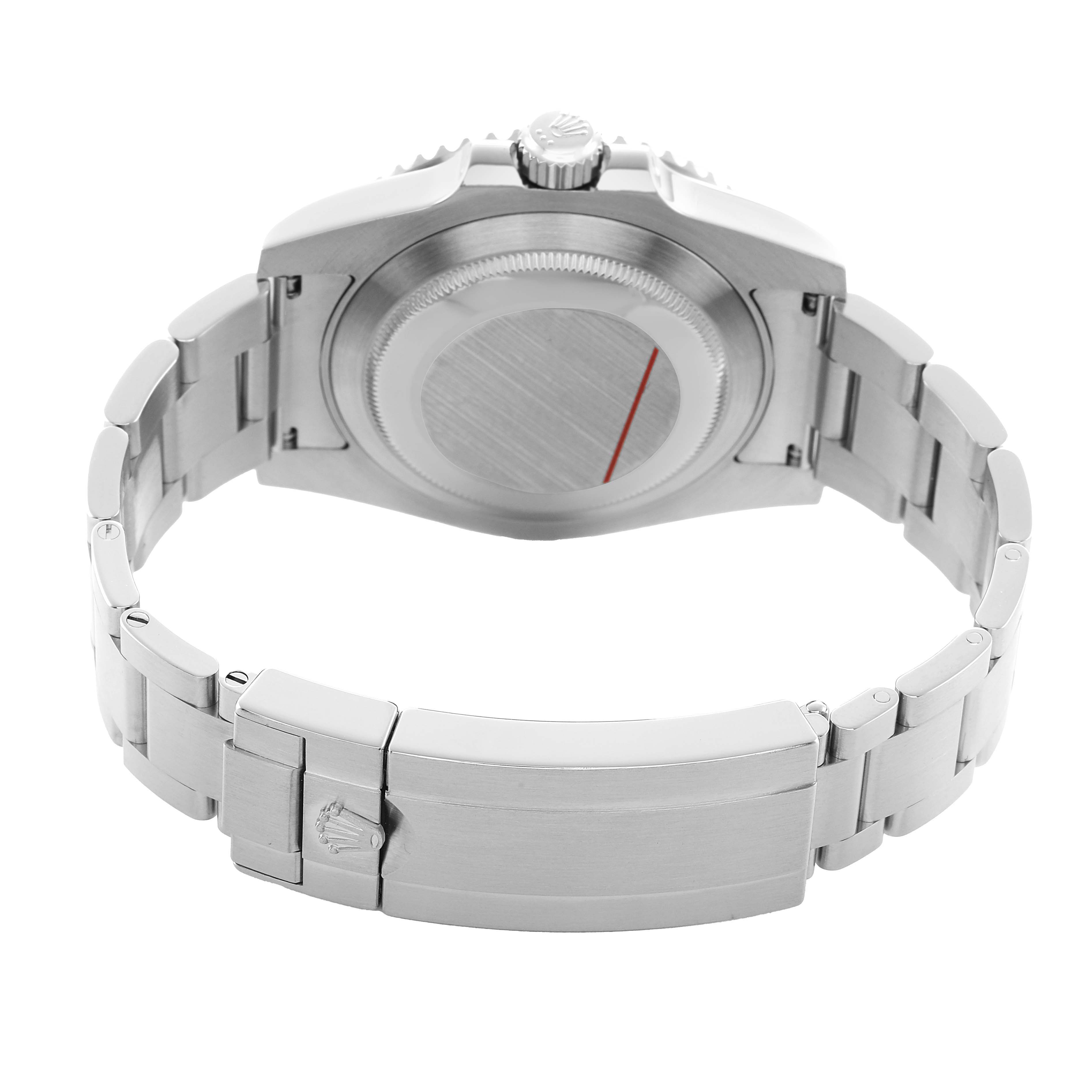 The image shows the back and clasp of a Rolex Submariner 116610LV Men's Stainless Steel Green Dial watch, highlighting the bracelet and case back from a rear angle.