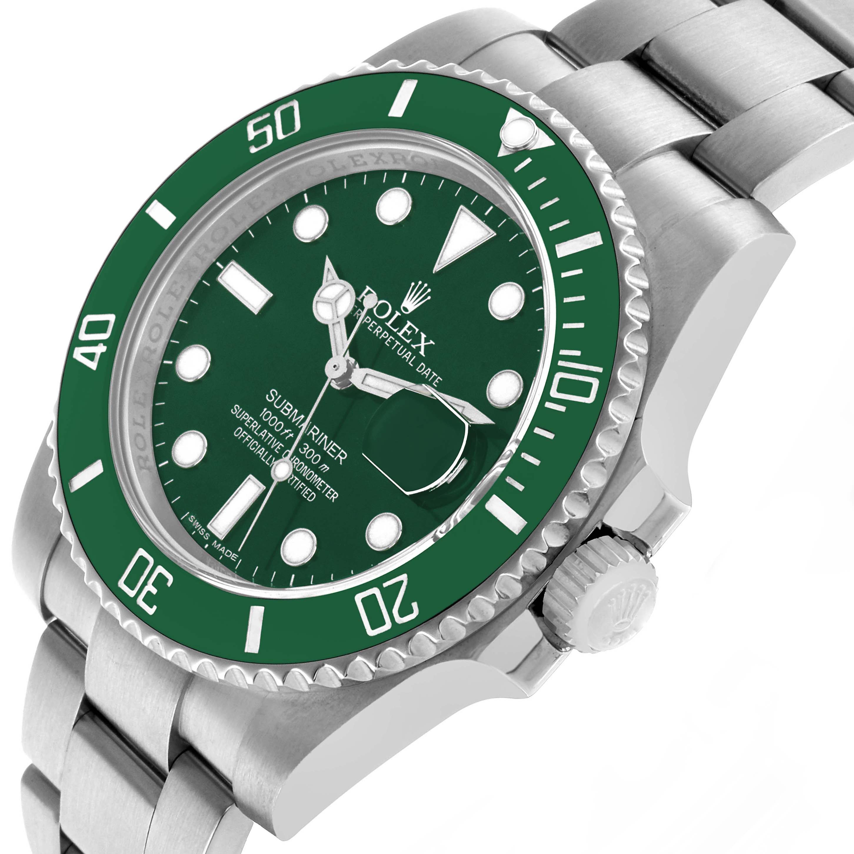 The Rolex Submariner 116610LV Men's Stainless Steel Green Dial is shown at a three-quarter angle, highlighting its green bezel, dial, crown, and steel bracelet.