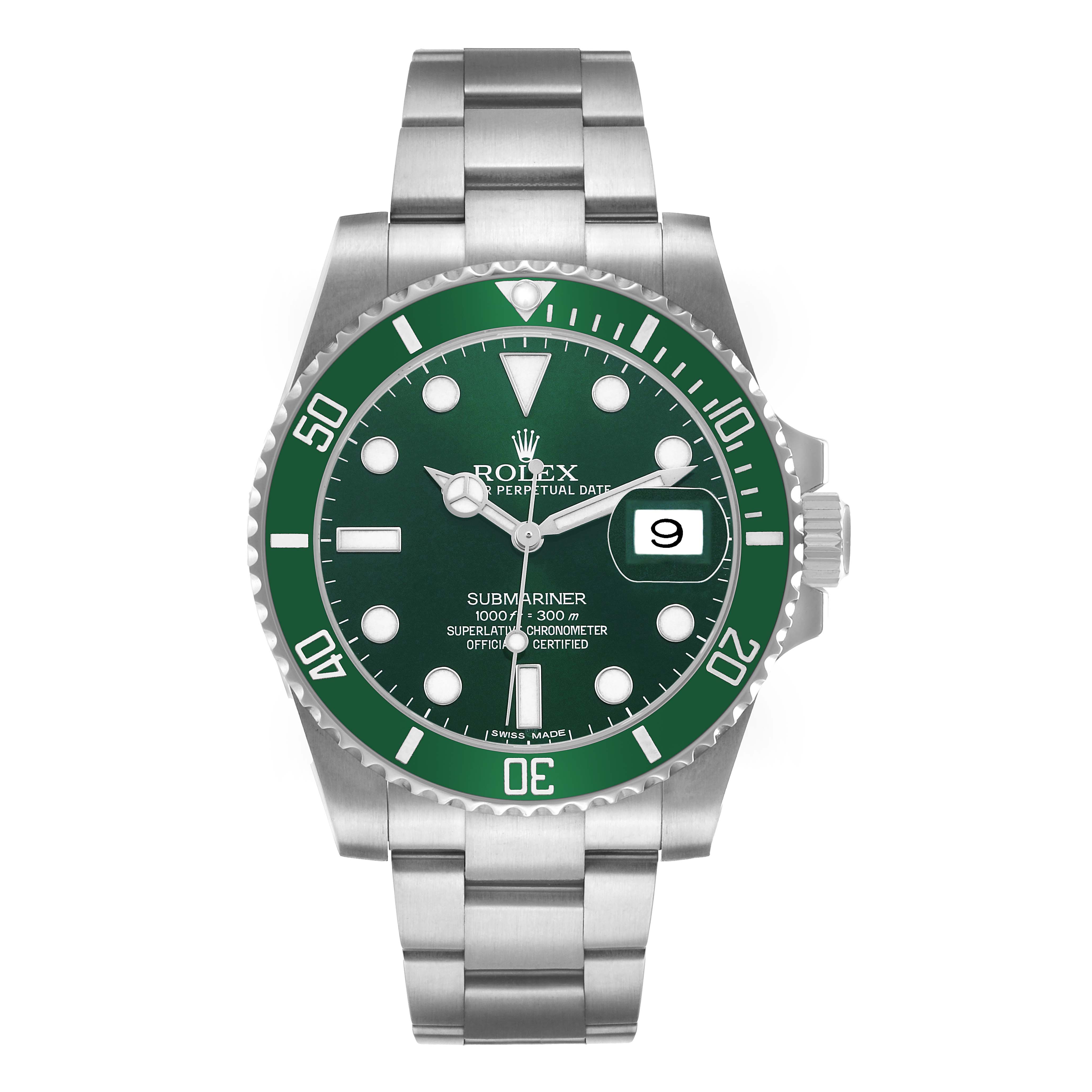 The Rolex Submariner 116610LV Men's Stainless Steel Green Dial is shown from a front angle, displaying its green bezel, dial, and metal bracelet.