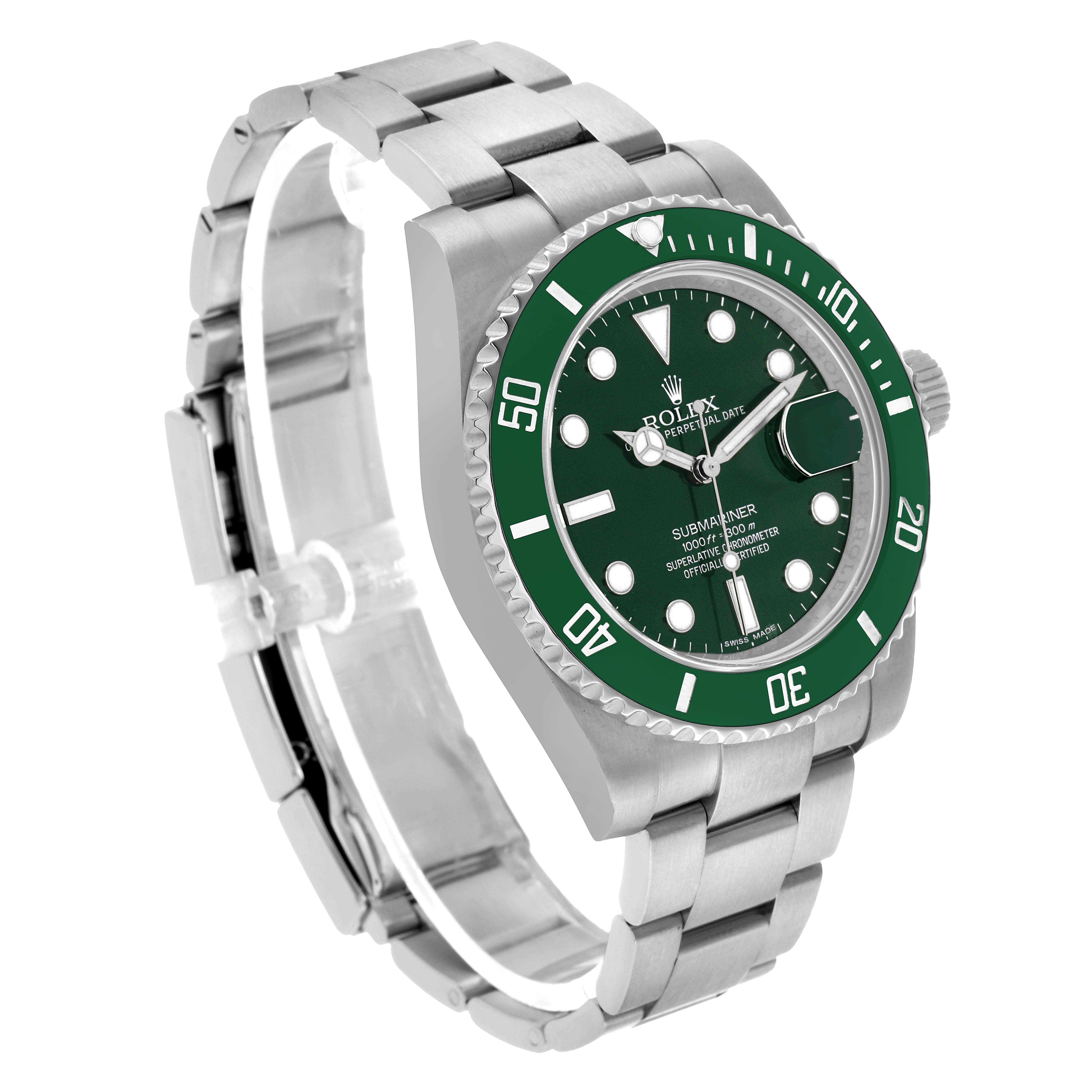 The Rolex Submariner 116610LV Men's Stainless Steel Green Dial watch is shown at a three-quarter angle, highlighting the face, bezel, bracelet, and crown.