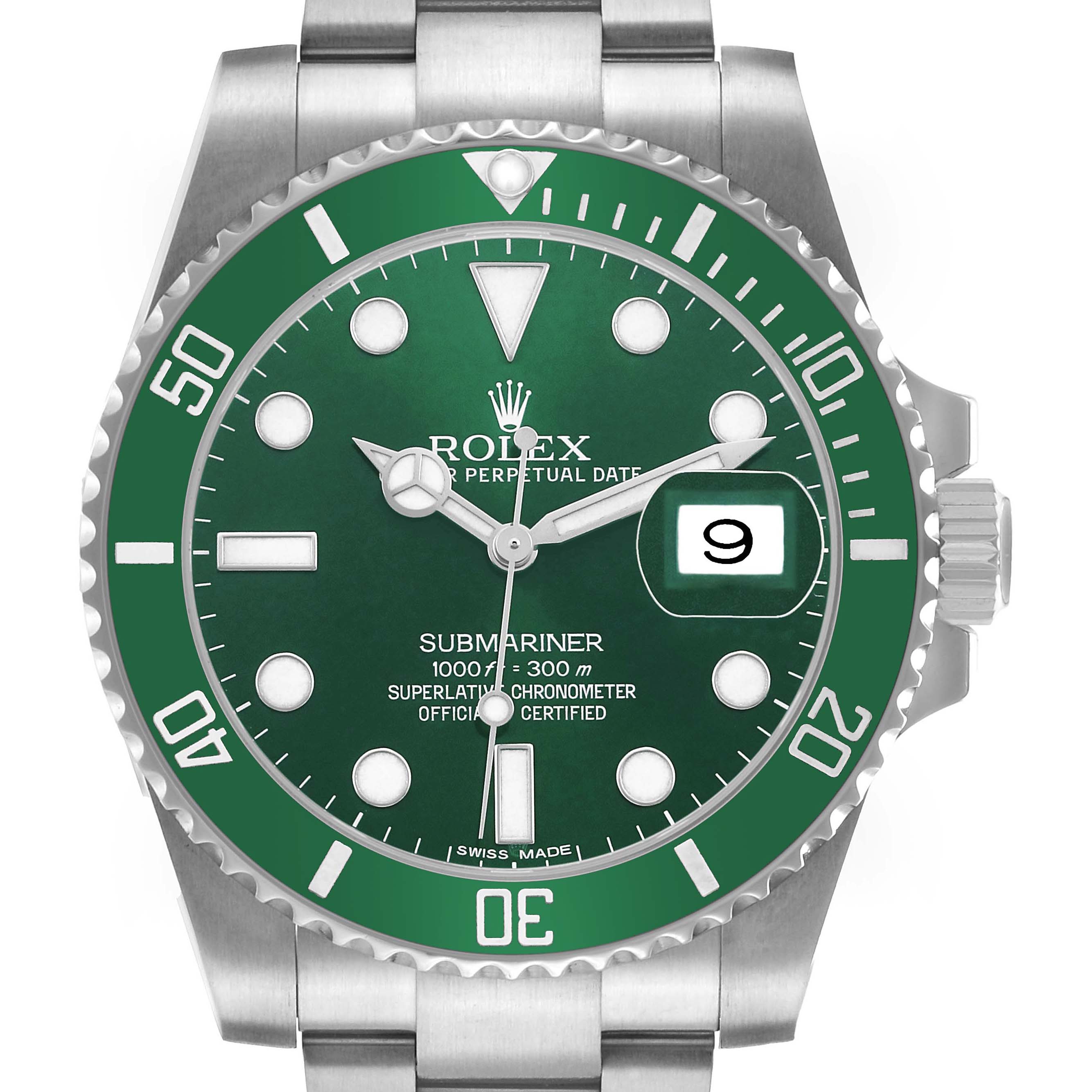 The Rolex Submariner 116610LV Men's Stainless Steel Green Dial watch is shown from the front, highlighting the bezel, dial, hands, and date window.