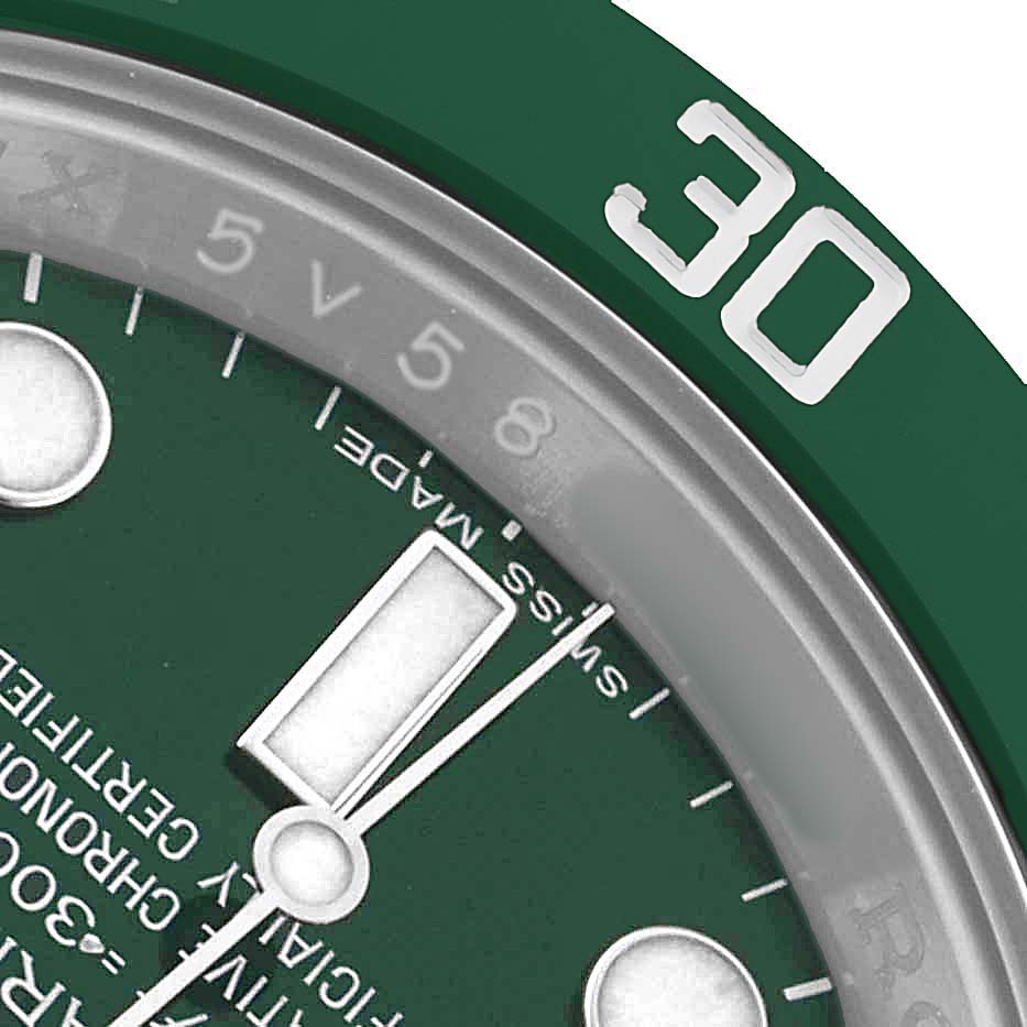 The image shows a close-up of the dial and bezel of a Rolex Submariner 116610LV Men's Stainless Steel Green Dial, focusing on the "30" marker and part of the watch face.