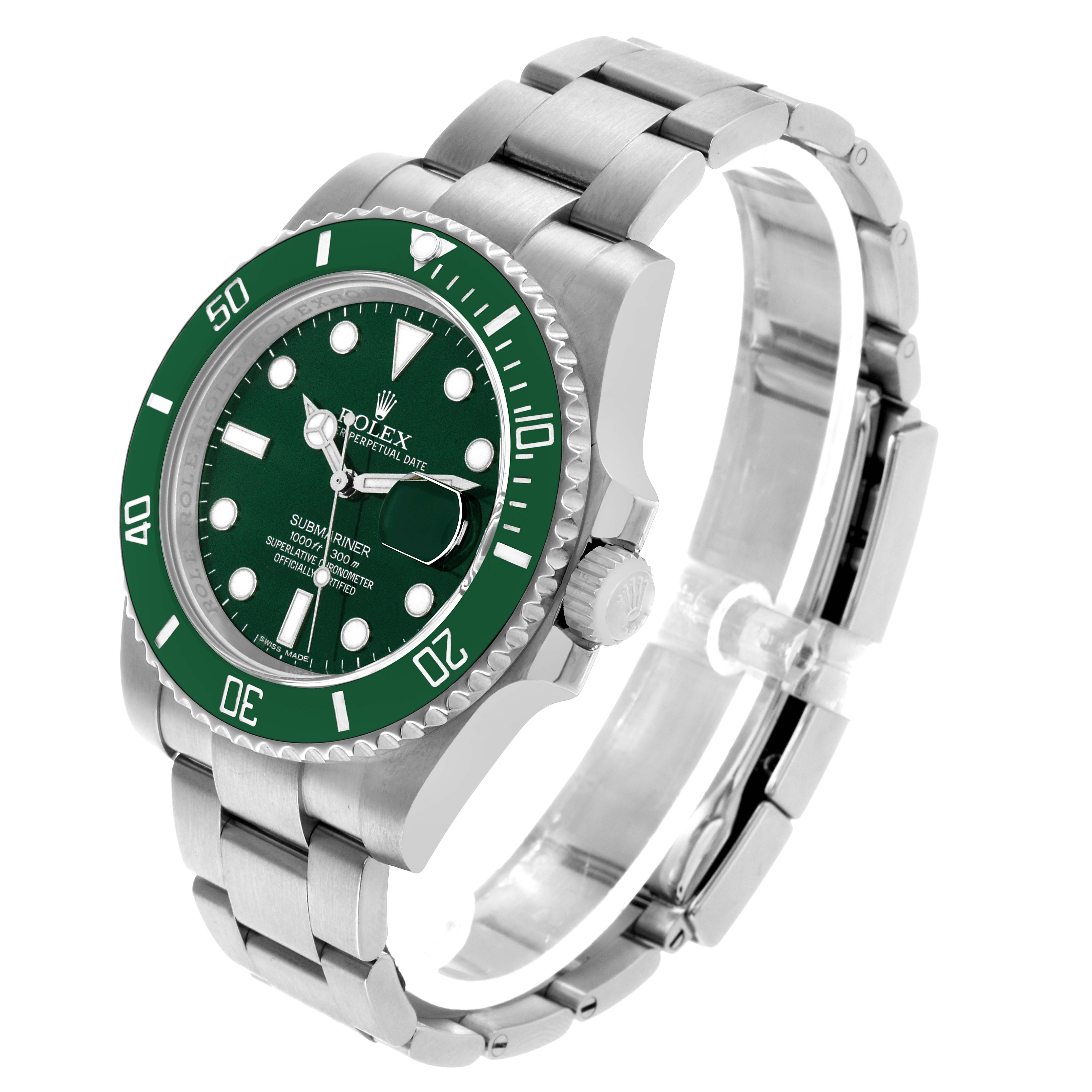 The Rolex Submariner 116610LV Men's Stainless Steel Green Dial is shown at a three-quarter angle, highlighting the green bezel, dial, bracelet, and crown.