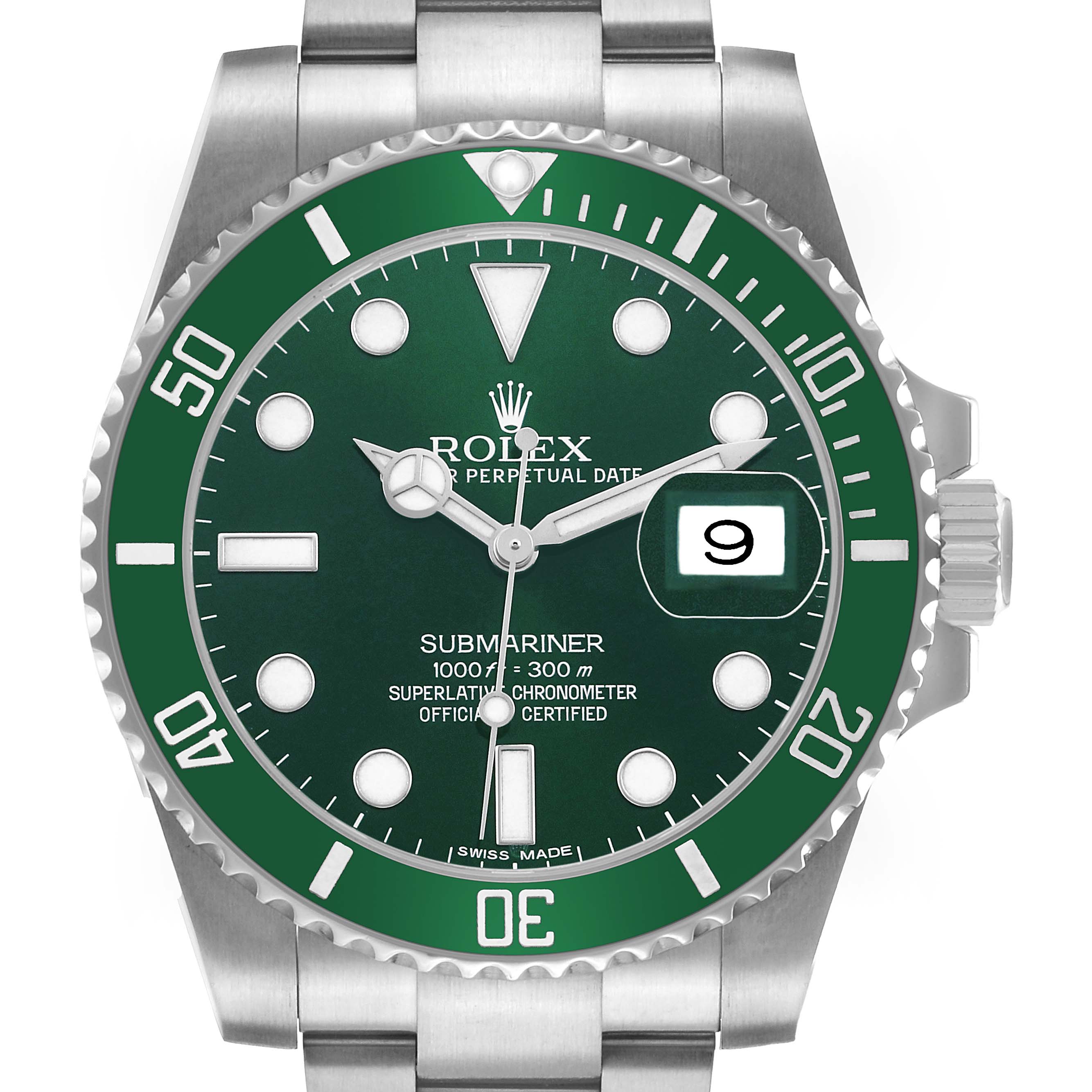 The Rolex Submariner 116610LV Men's Stainless Steel Green Dial is shown from the front, highlighting the green bezel and dial with a date window at 3 o'clock.