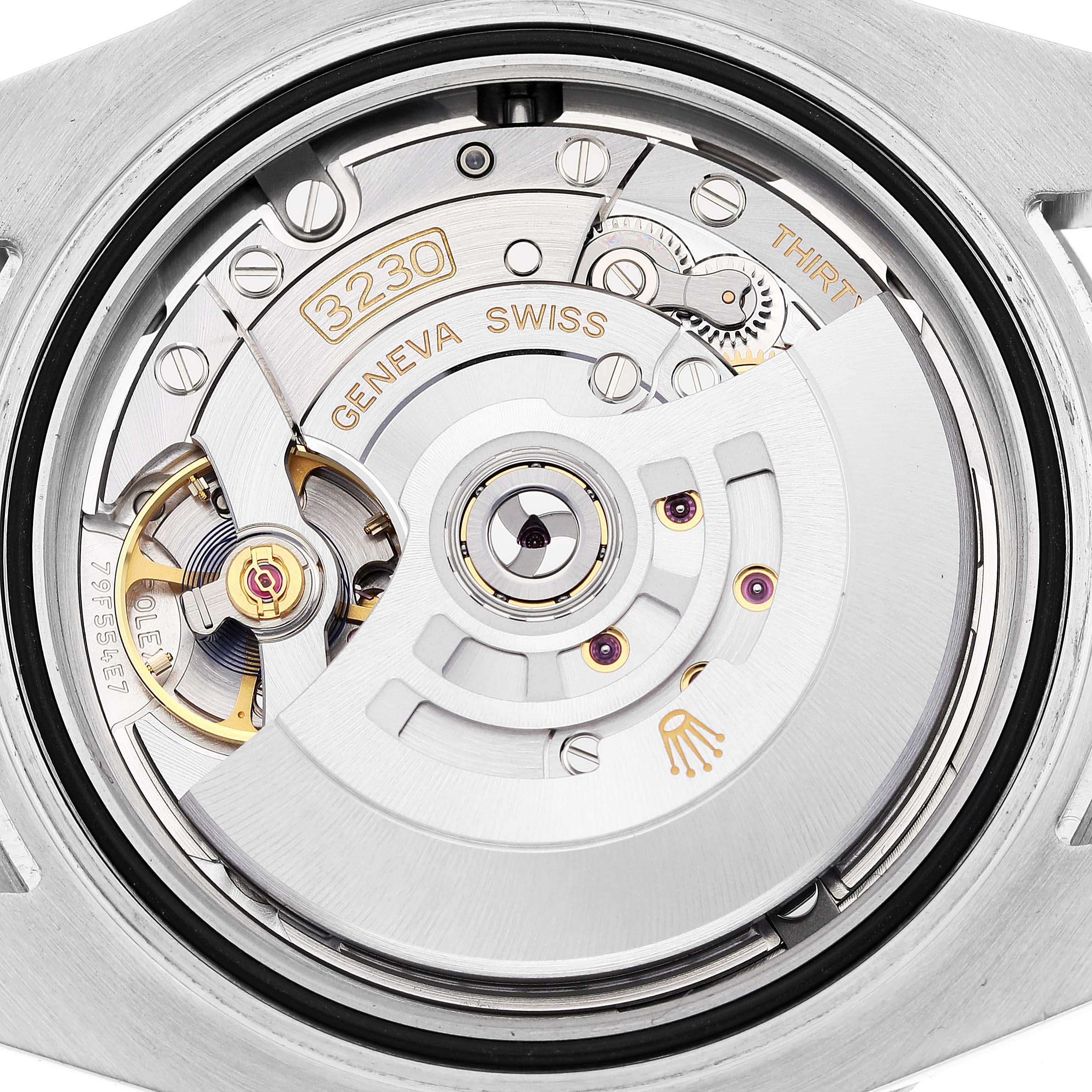 The image shows the internal mechanism of a Rolex Submariner 124060 Men
s Stainless Steel Black Dial 124060 Men
s Stainless Steel Black Dial watch, highlighting the movement components.