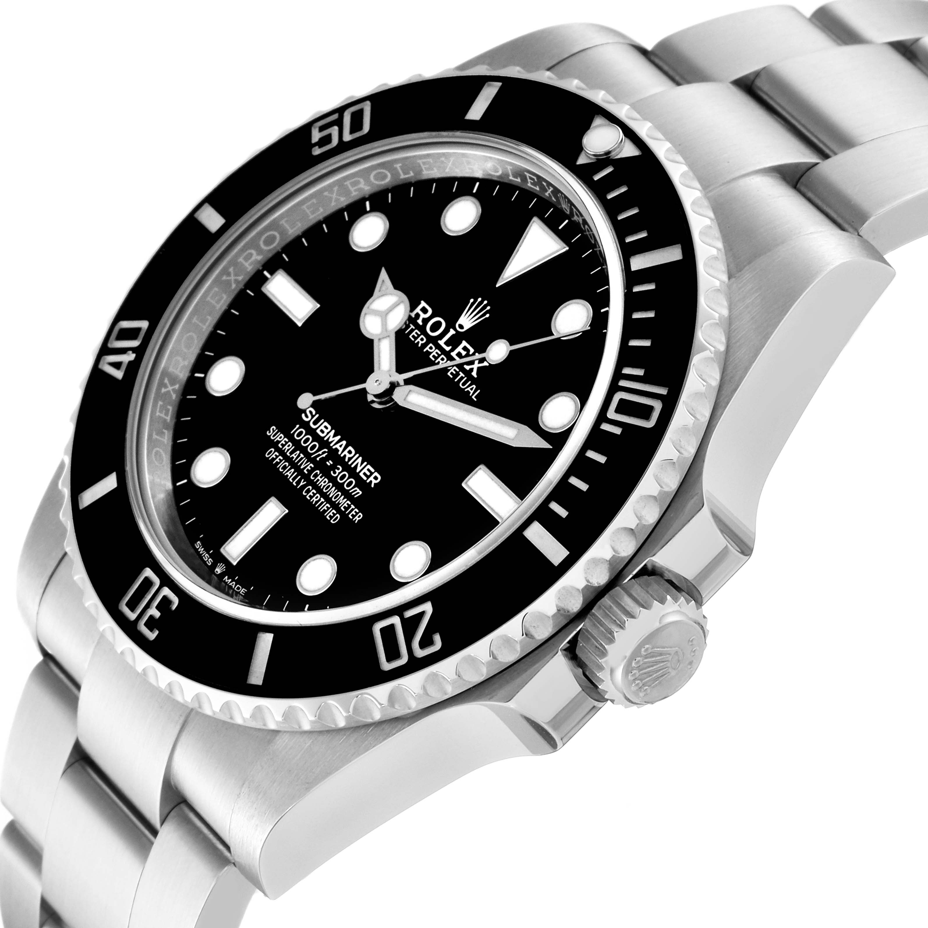 The image shows a close-up of the Rolex Submariner 124060 Men
s Stainless Steel Black Dial 124060 Men
s Stainless Steel Black Dial watch at an angle highlighting the bezel, dial, and crown.