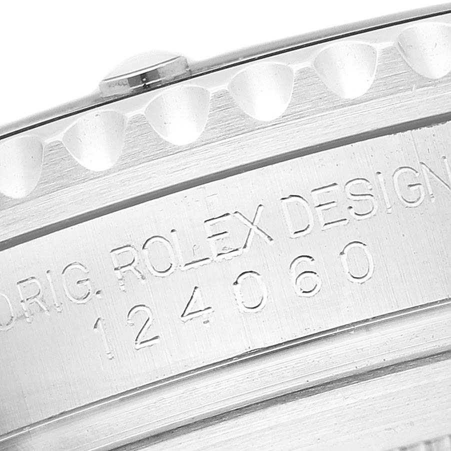 This image shows a close-up view of the bezel and case side of a Rolex Submariner 124060 Men
s Stainless Steel Black Dial 124060 Men
s Stainless Steel Black Dial, revealing the model number 124060.