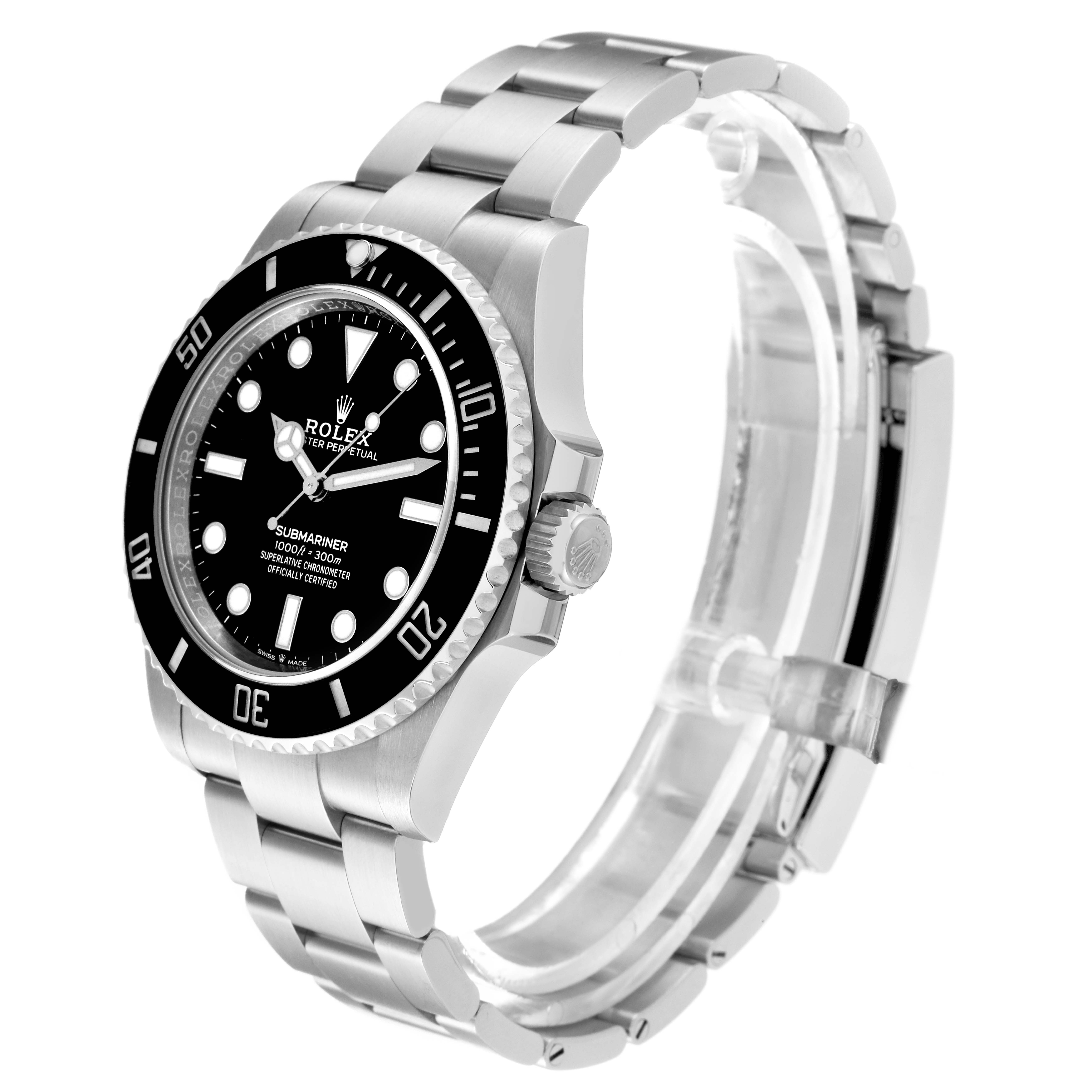 The image shows a side angle view of a Rolex Submariner 124060 Men
s Stainless Steel Black Dial 124060 Men
s Stainless Steel Black Dial watch, highlighting its bezel, dial, crown, and bracelet.