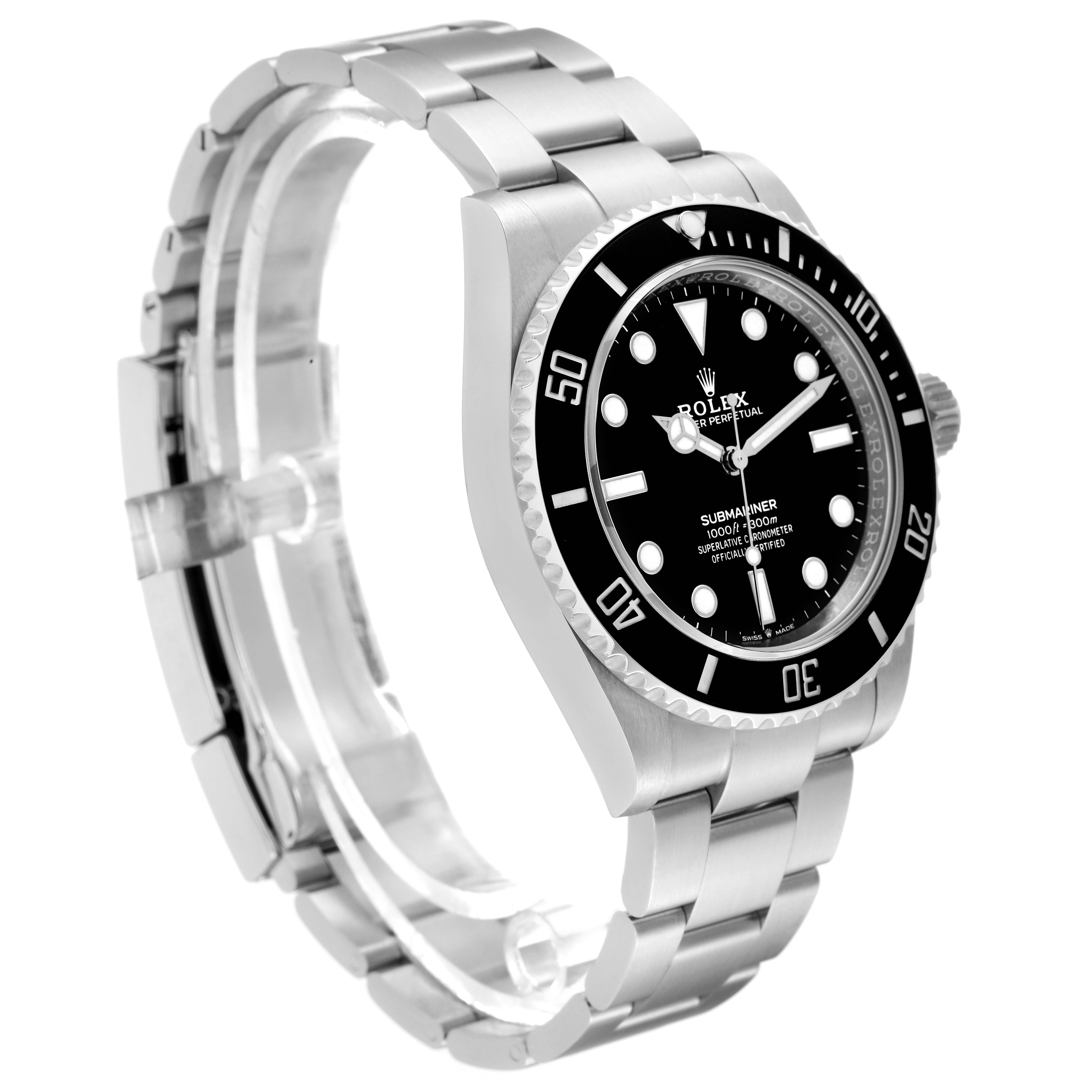 The image shows a Rolex Submariner 124060 Men
s Stainless Steel Black Dial 124060 Men
s Stainless Steel Black Dial watch at a slight angle, highlighting its black dial, bezel, and stainless steel bracelet.