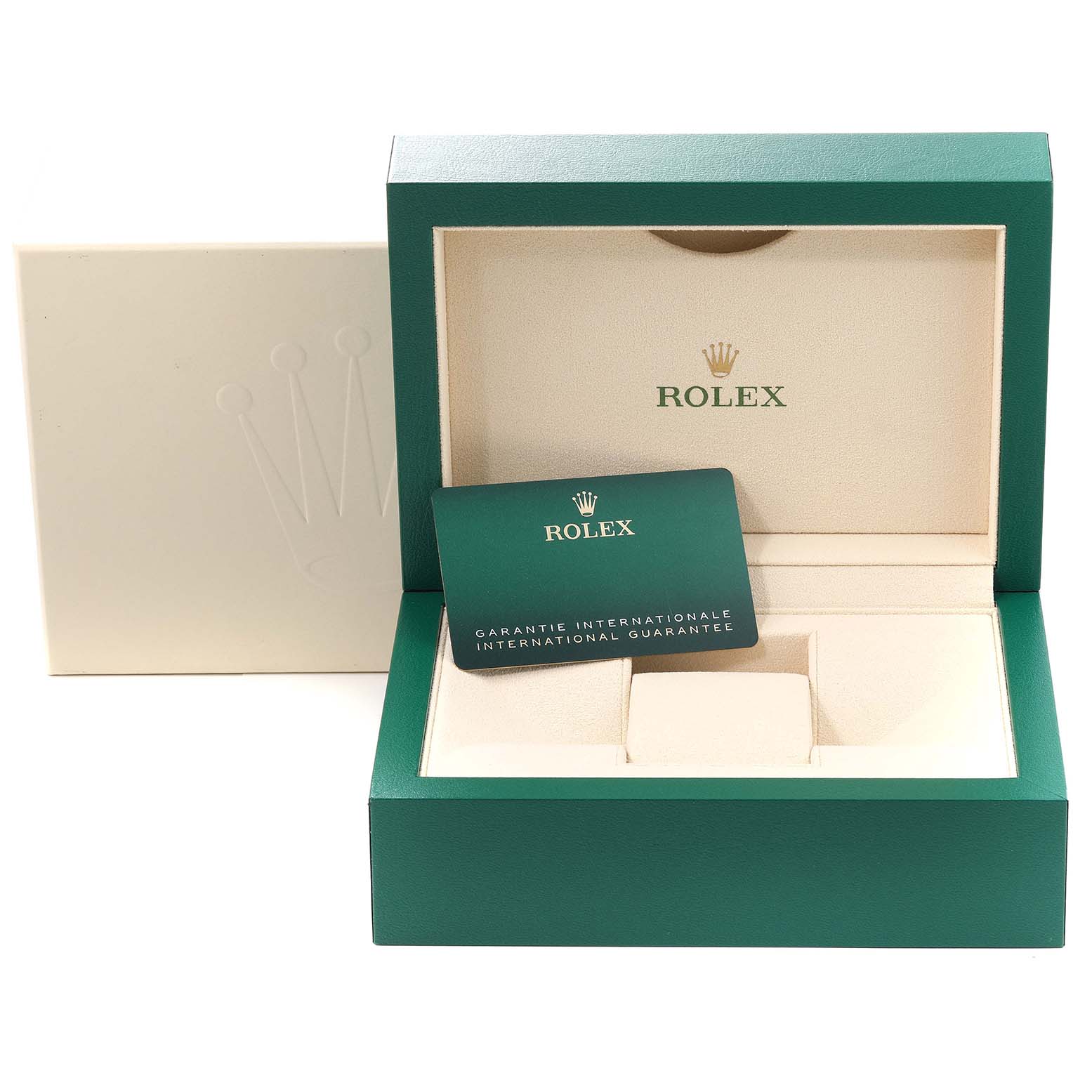 The image shows the open box and guarantee card for the Rolex Submariner 124060 Men
s Stainless Steel Black Dial 124060 Men
s Stainless Steel Black Dial watch.