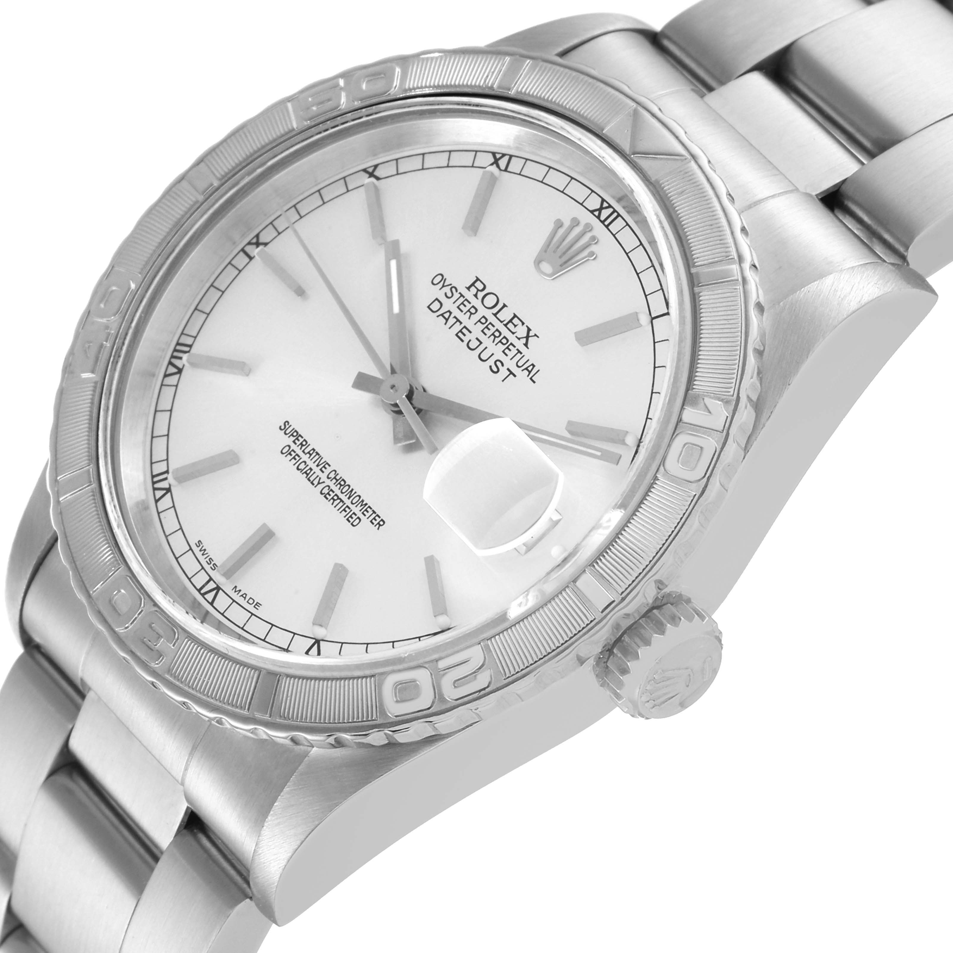 This image shows a Rolex Turn-o-Graph 16264 Men
s Stainless Steel Silver Dial 16264 Men
s Stainless Steel Silver Dial watch at a slight angle, highlighting the face, bezel, crown, and part of the bracelet.