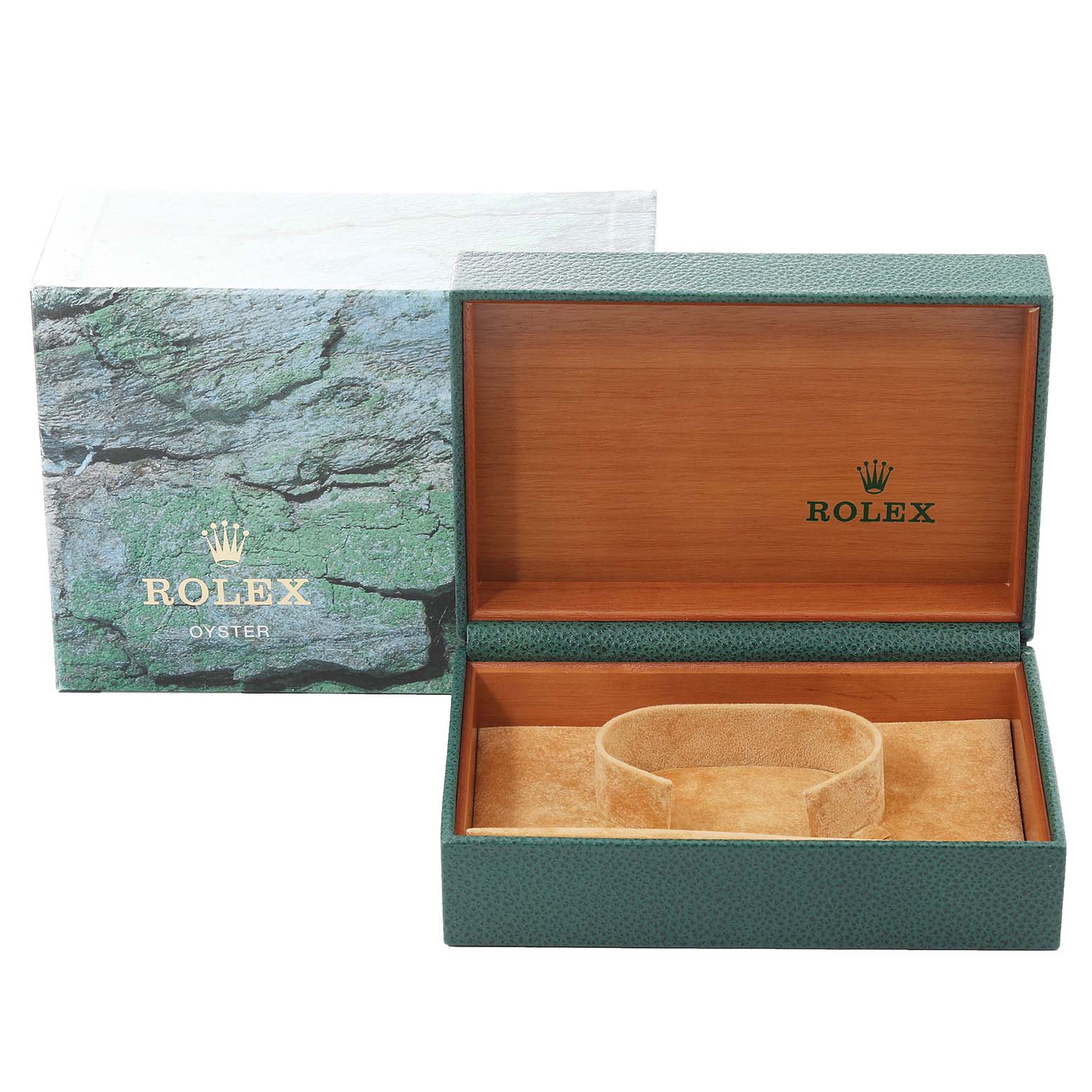 The image shows a Rolex Turn-o-Graph 16264 Men
s Stainless Steel Silver Dial 16264 Men
s Stainless Steel Silver Dial watch box, opened to reveal the interior and the exterior packaging.