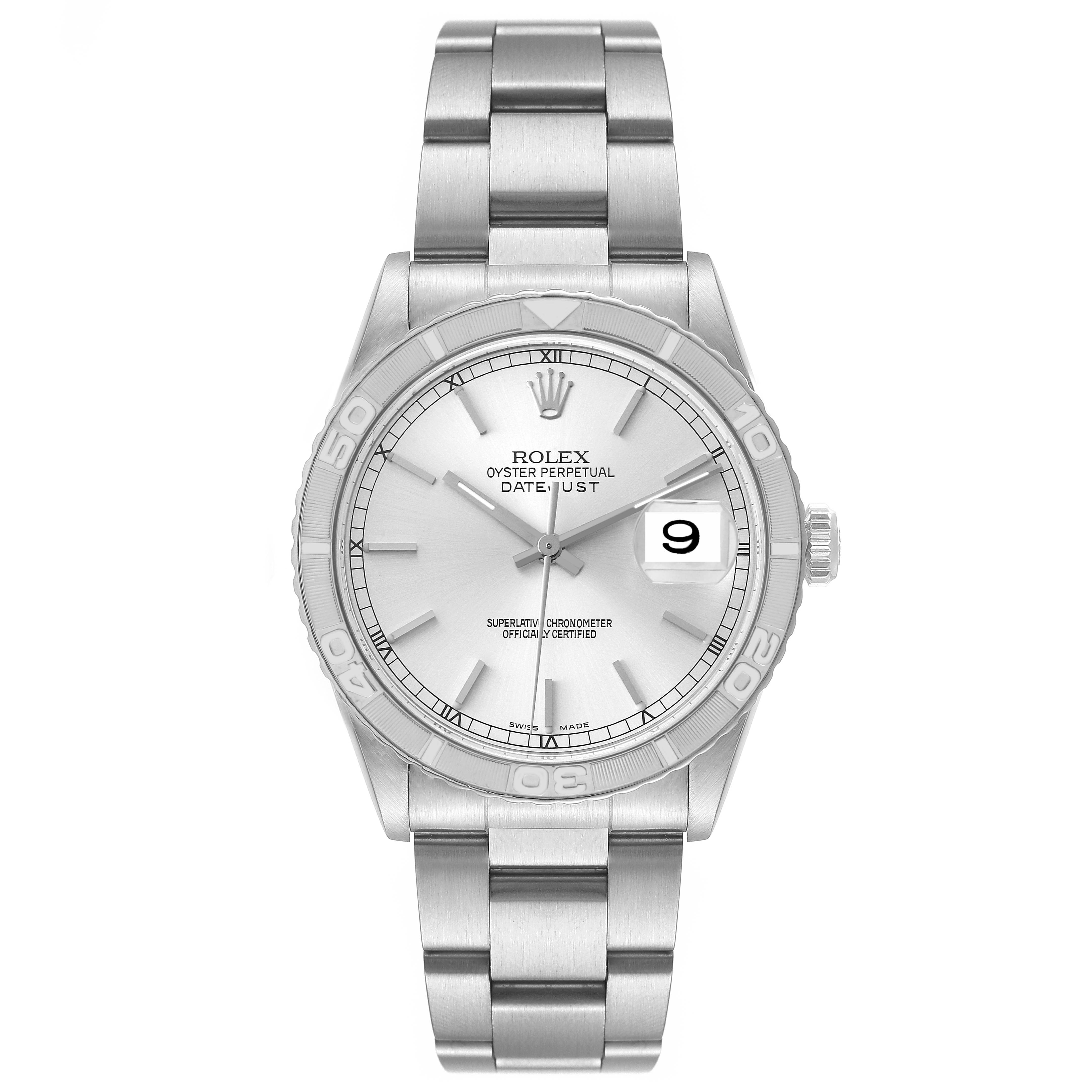 This image shows a frontal view of a Rolex Turn-o-Graph 16264 Men
s Stainless Steel Silver Dial 16264 Men
s Stainless Steel Silver Dial watch, displaying its entire dial, bezel, strap, and clasp.