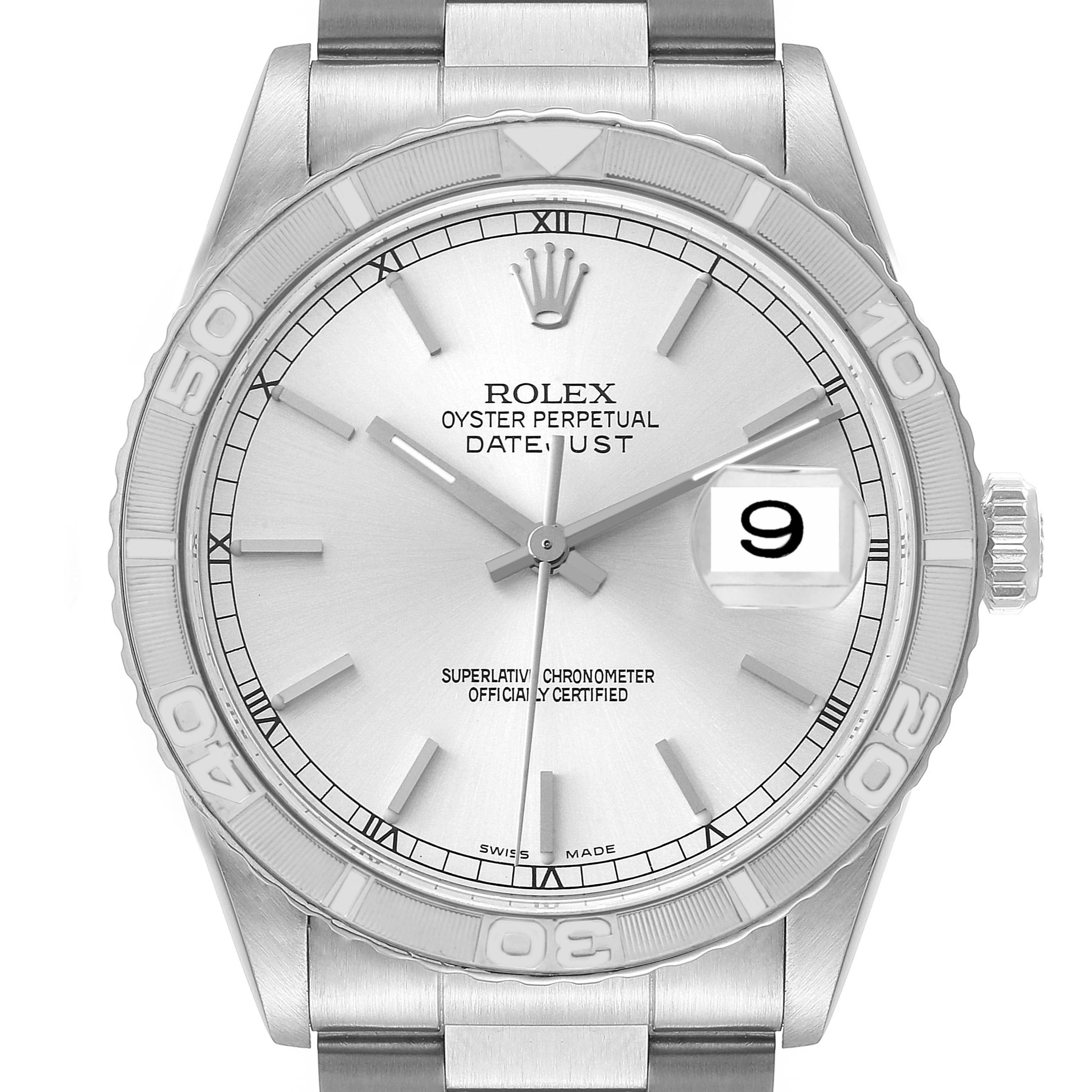 The image shows a frontal view of a Rolex Turn-o-Graph 16264 Men
s Stainless Steel Silver Dial 16264 Men
s Stainless Steel Silver Dial watch, highlighting its dial, hands, date display, and bezel.