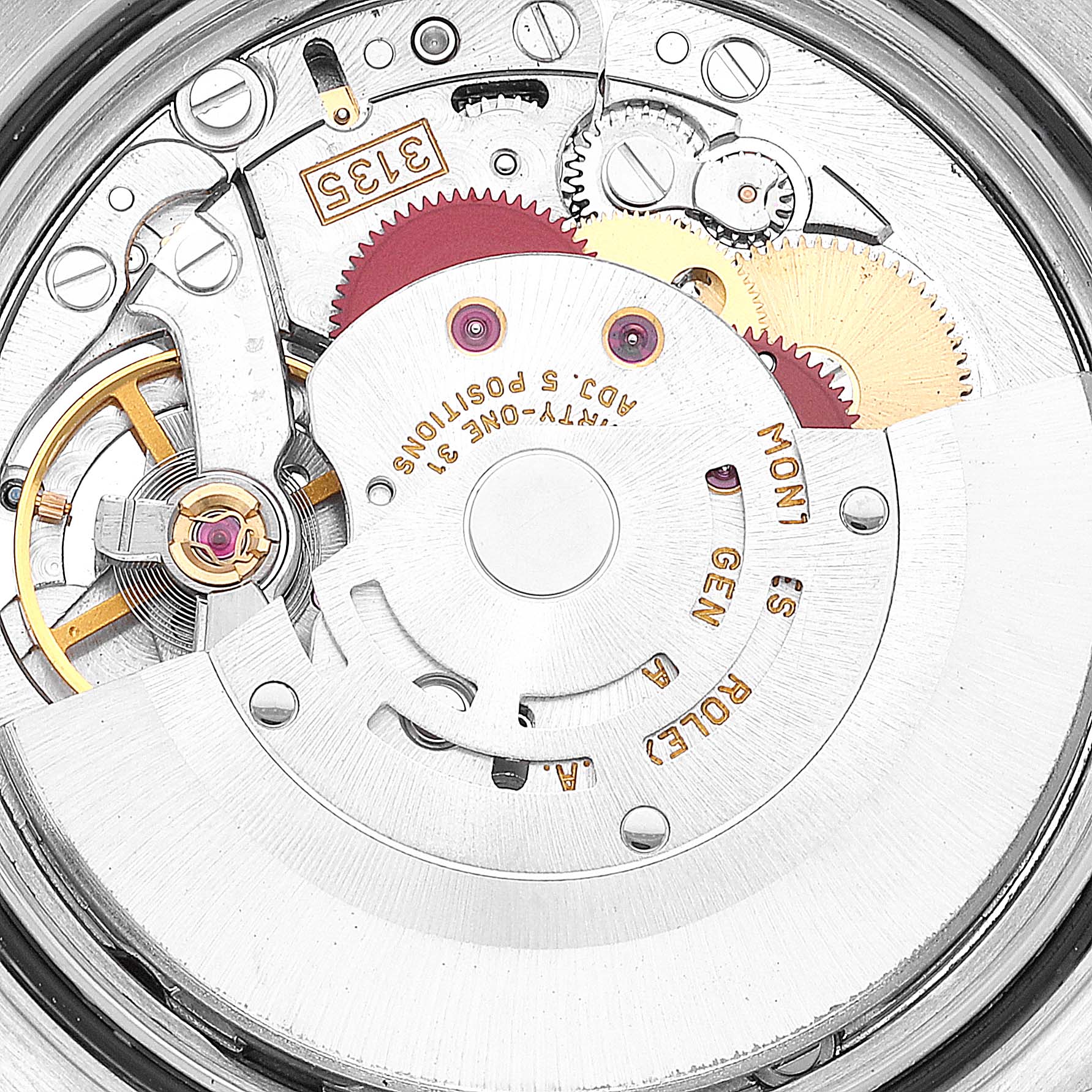 The image shows the intricate internal mechanism of a Rolex Turn-o-Graph 16264 Men
s Stainless Steel Silver Dial 16264 Men
s Stainless Steel Silver Dial watch, specifically the movement components.