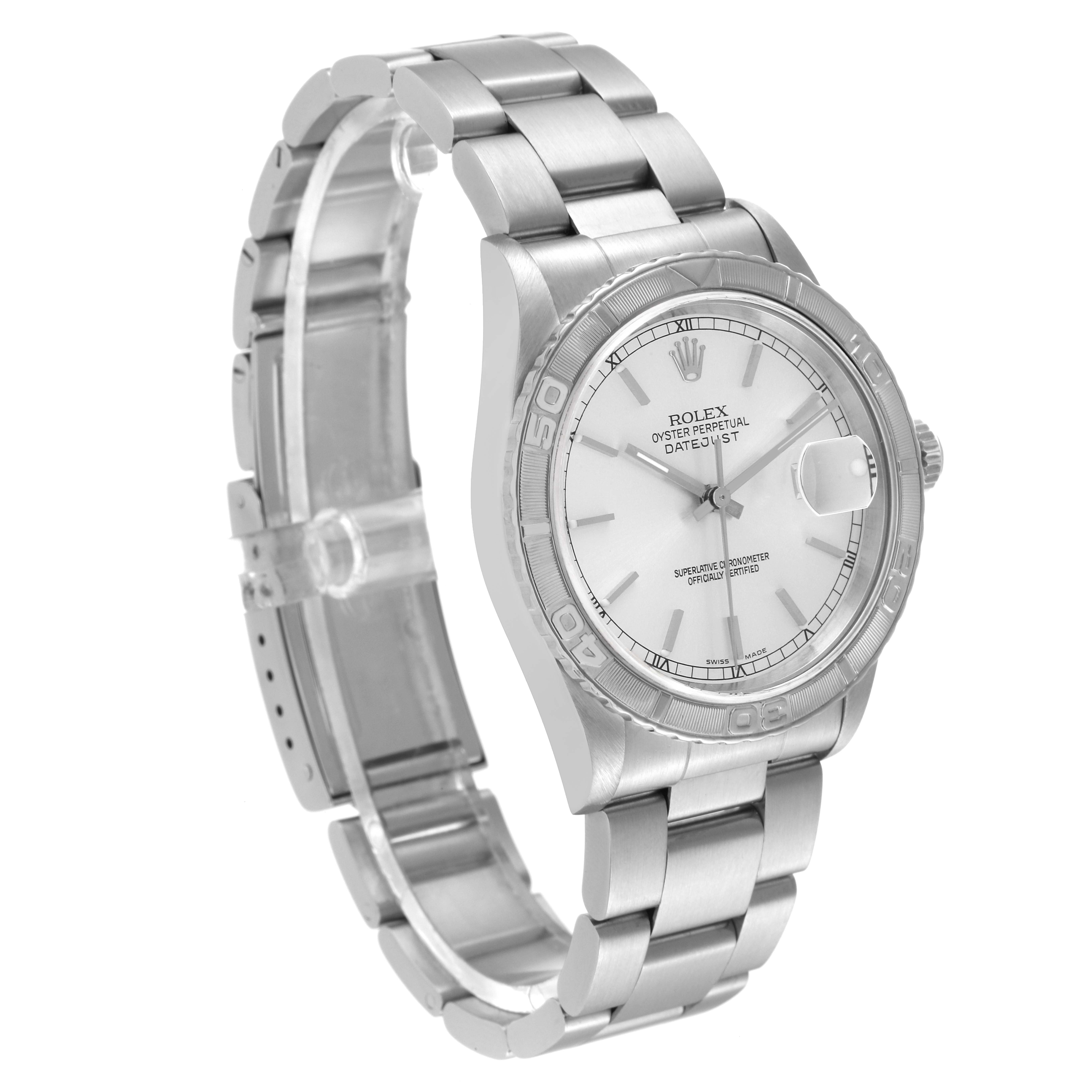 The Rolex Turn-o-Graph 16264 Men
s Stainless Steel Silver Dial 16264 Men
s Stainless Steel Silver Dial watch is shown at a 3/4 angle, displaying its face, bezel, and bracelet clearly.