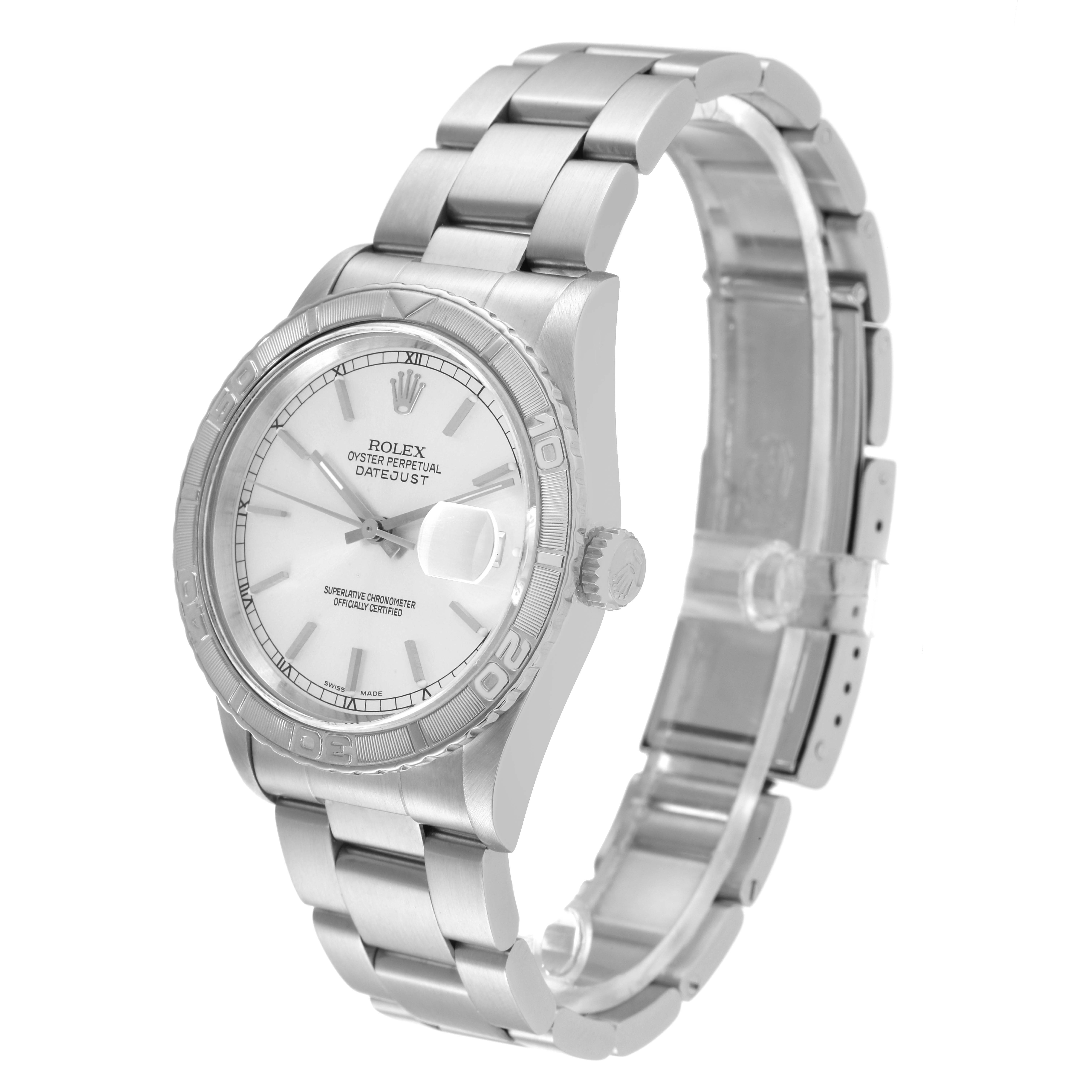 The image shows a Rolex Turn-o-Graph 16264 Men
s Stainless Steel Silver Dial 16264 Men
s Stainless Steel Silver Dial watch at a three-quarter angle, highlighting the face, bezel, crown, and bracelet.