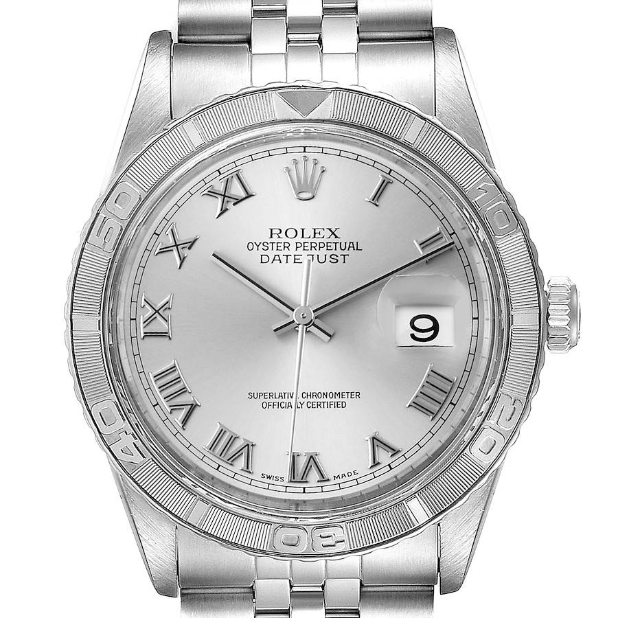 Rolex Turnograph Datejust Steel White Gold Silver Roman Dial Watch 16264 SwissWatchExpo