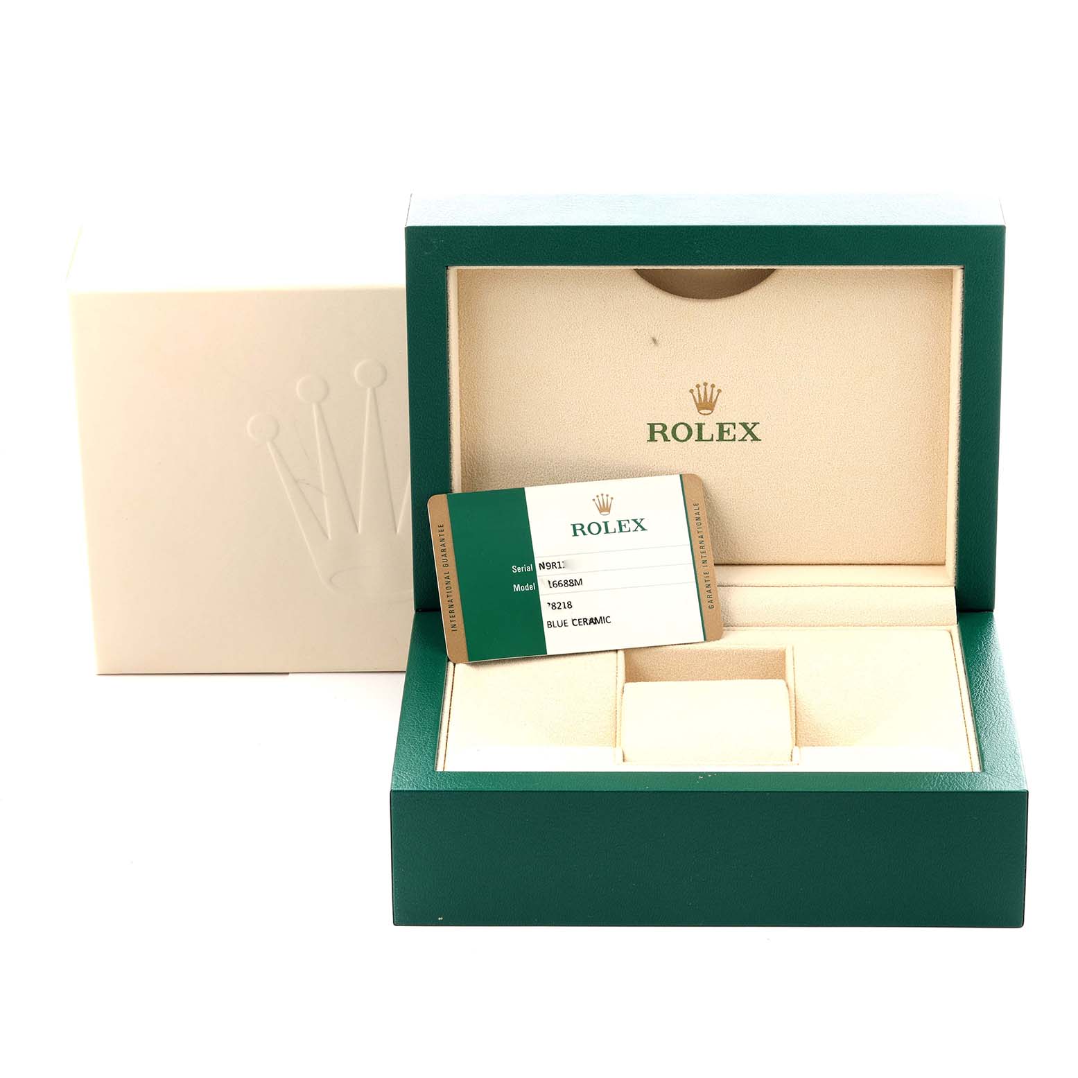 The Rolex Yacht-Master 116688 Men's Yellow Gold White Dial 116688 Men's Yellow Gold White Dial watch box is open, showing the luxury brand packaging and a model card inside.