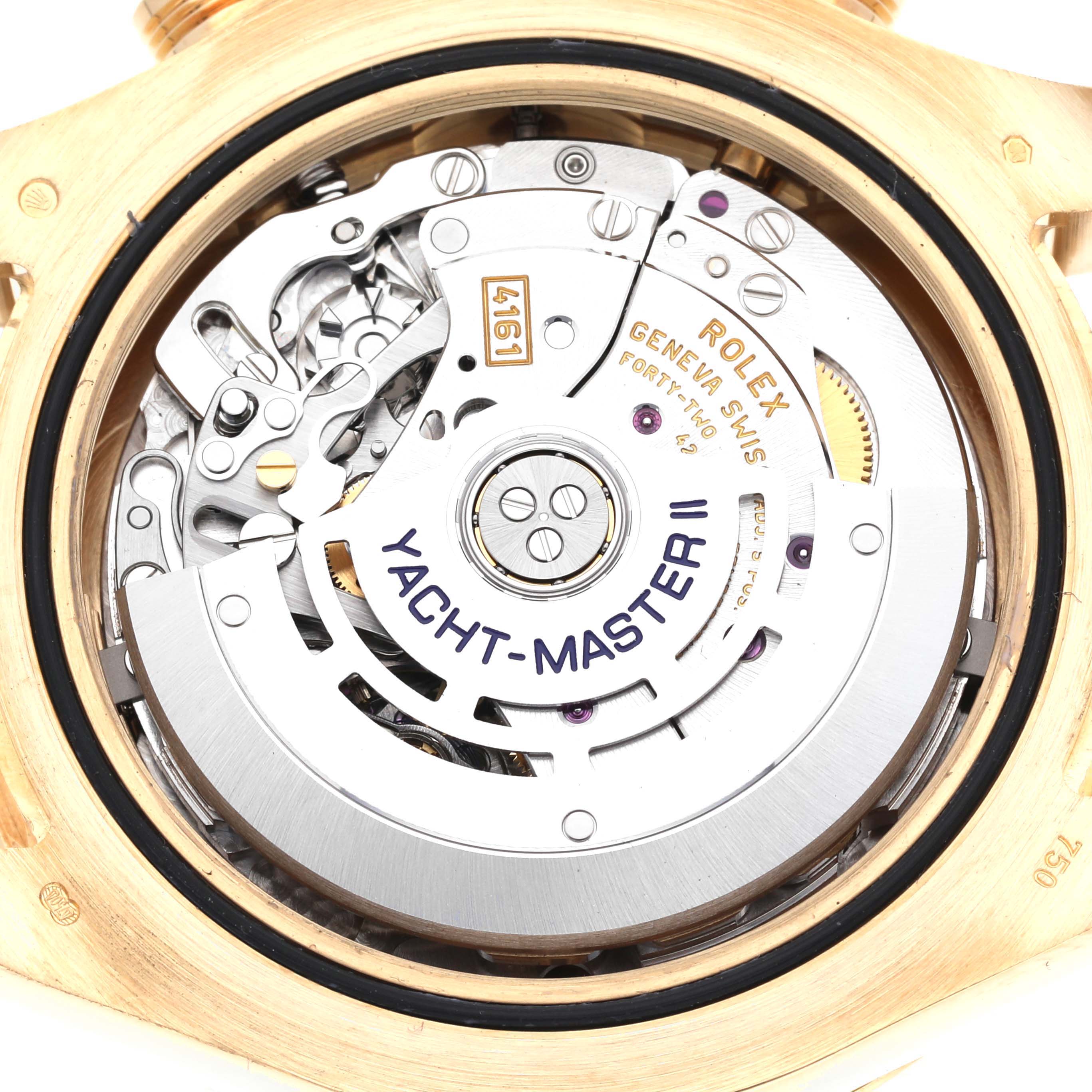 The image shows the Rolex Yacht-Master 116688 Men's Yellow Gold White Dial 116688 Men's Yellow Gold White Dial II's movement from the back, highlighting its intricate mechanical parts.