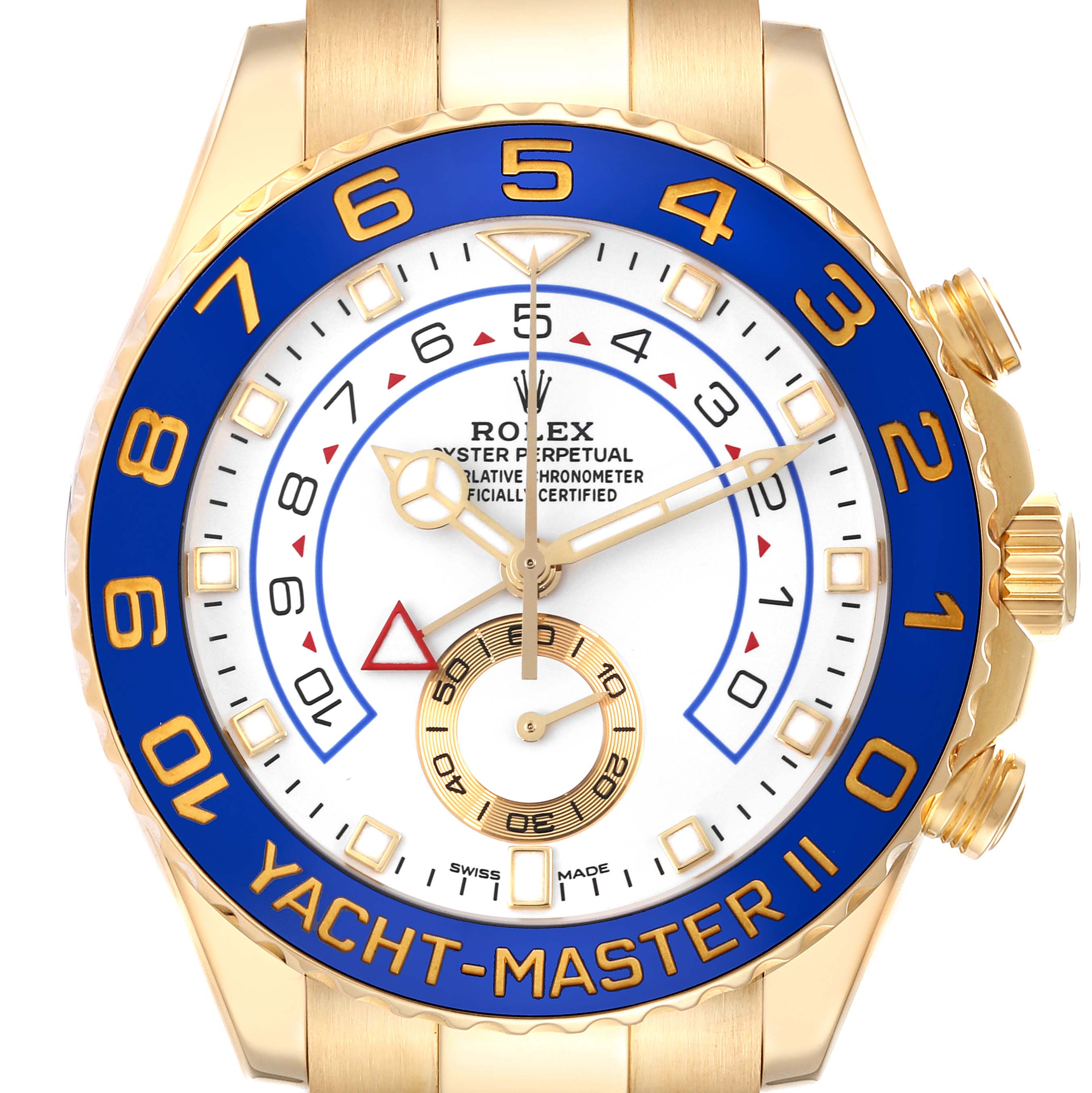 The Rolex Yacht-Master 116688 Men's Yellow Gold White Dial 116688 Men's Yellow Gold White Dial watch is shown from the front, highlighting the dial, bezel, hands, and crown.