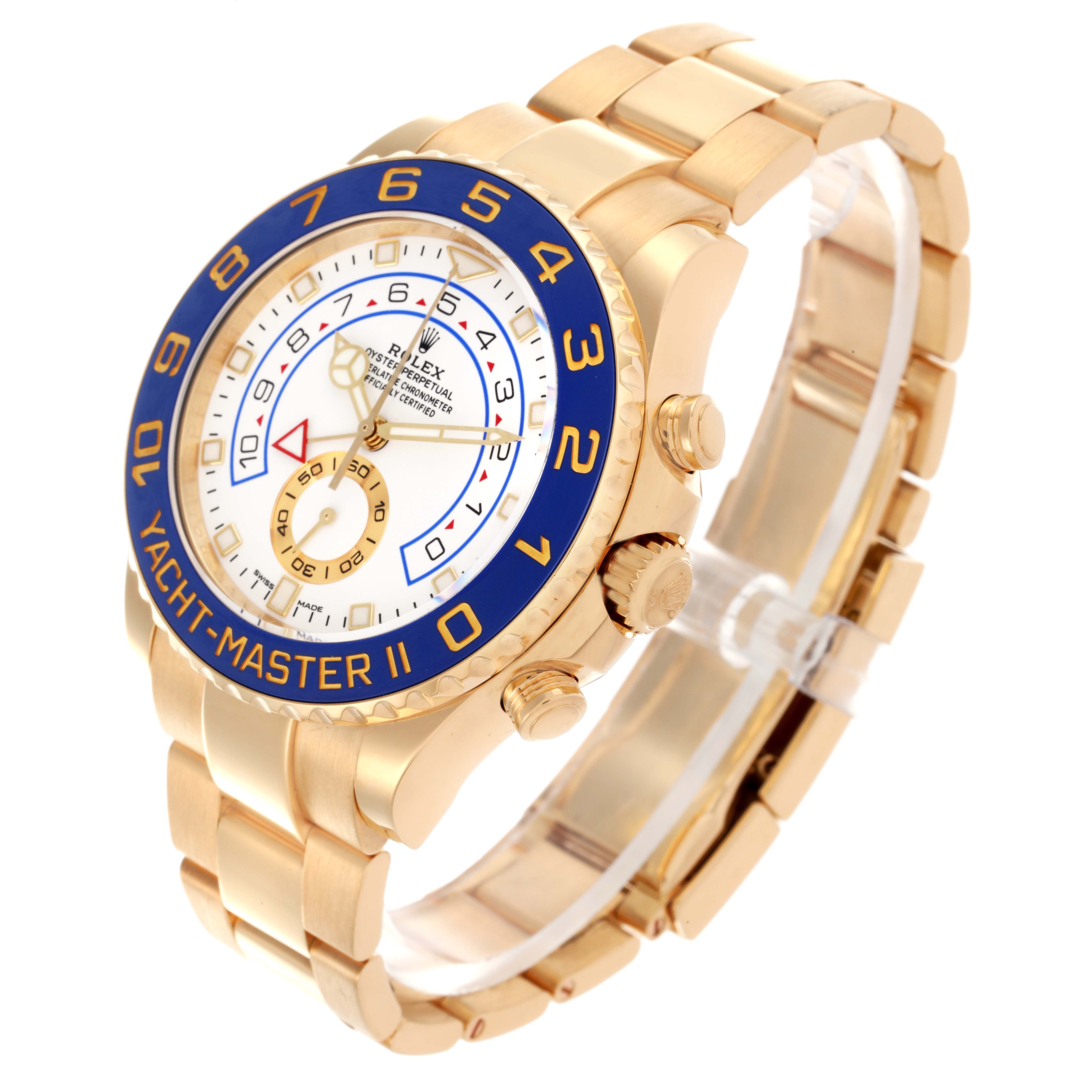 The Rolex Yacht-Master 116688 Men's Yellow Gold White Dial 116688 Men's Yellow Gold White Dial watch is shown at an angled side view, highlighting the face, bezel, crown, and bracelet.