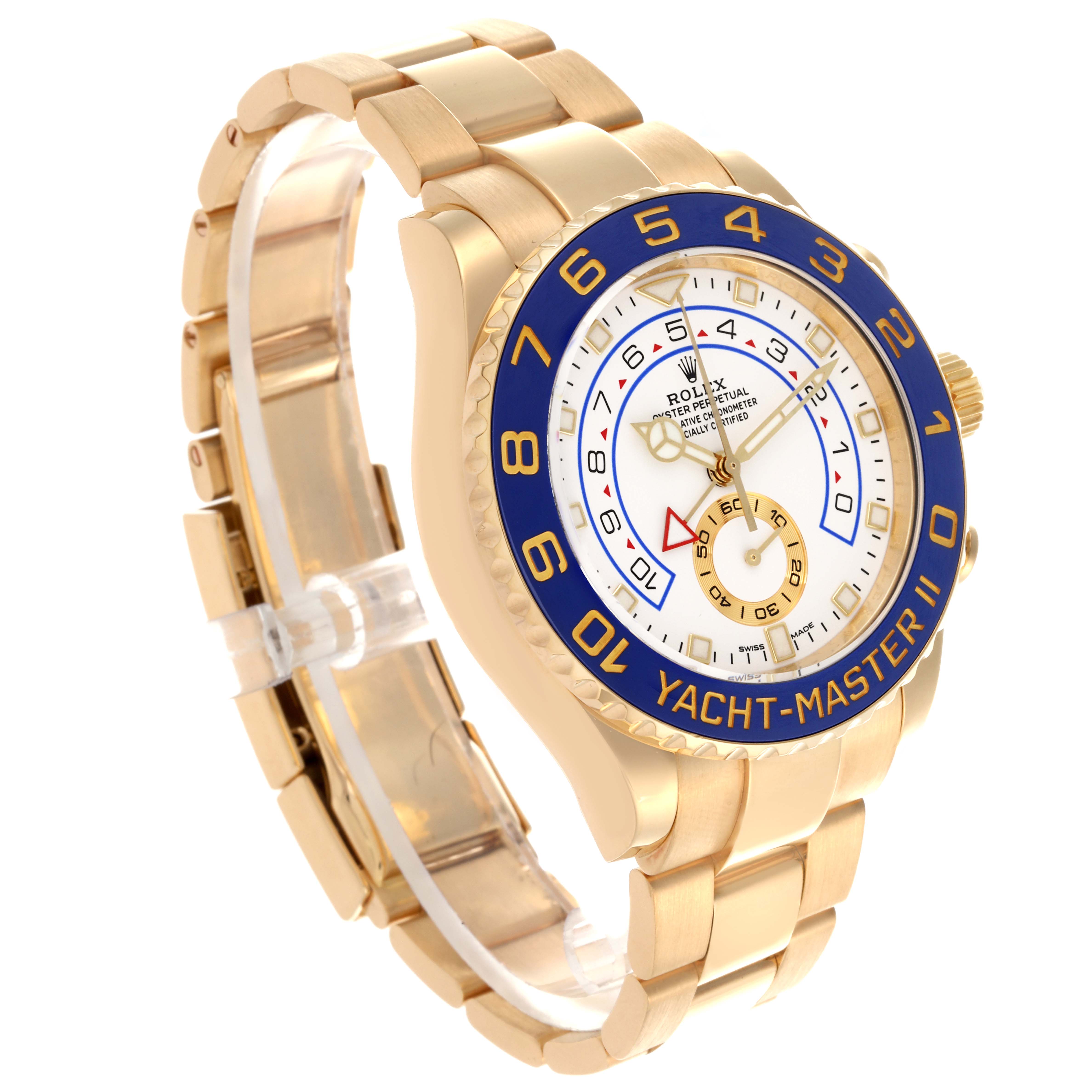 The Rolex Yacht-Master 116688 Men's Yellow Gold White Dial 116688 Men's Yellow Gold White Dial watch is shown at an angle highlighting the face, bezel, and bracelet.