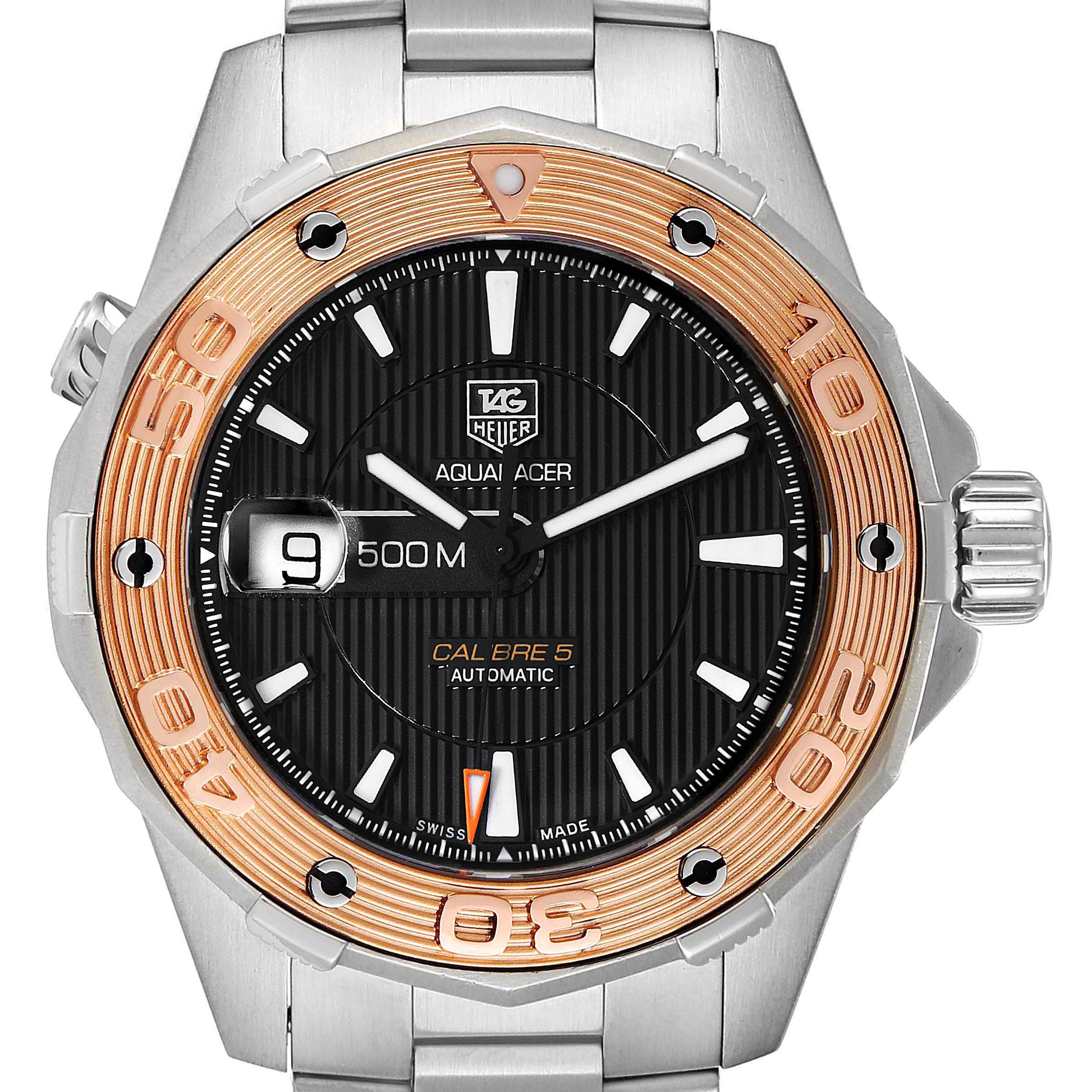 The image shows a frontal view of a Tag Heuer Aquaracer WAJ2150.BA0870 Men
s Steel and Gold (two tone) Black Dial WAJ2150.BA0870 Men
s Steel and Gold (two tone) Black Dial watch, highlighting the bezel, dial, crown, and bracelet.