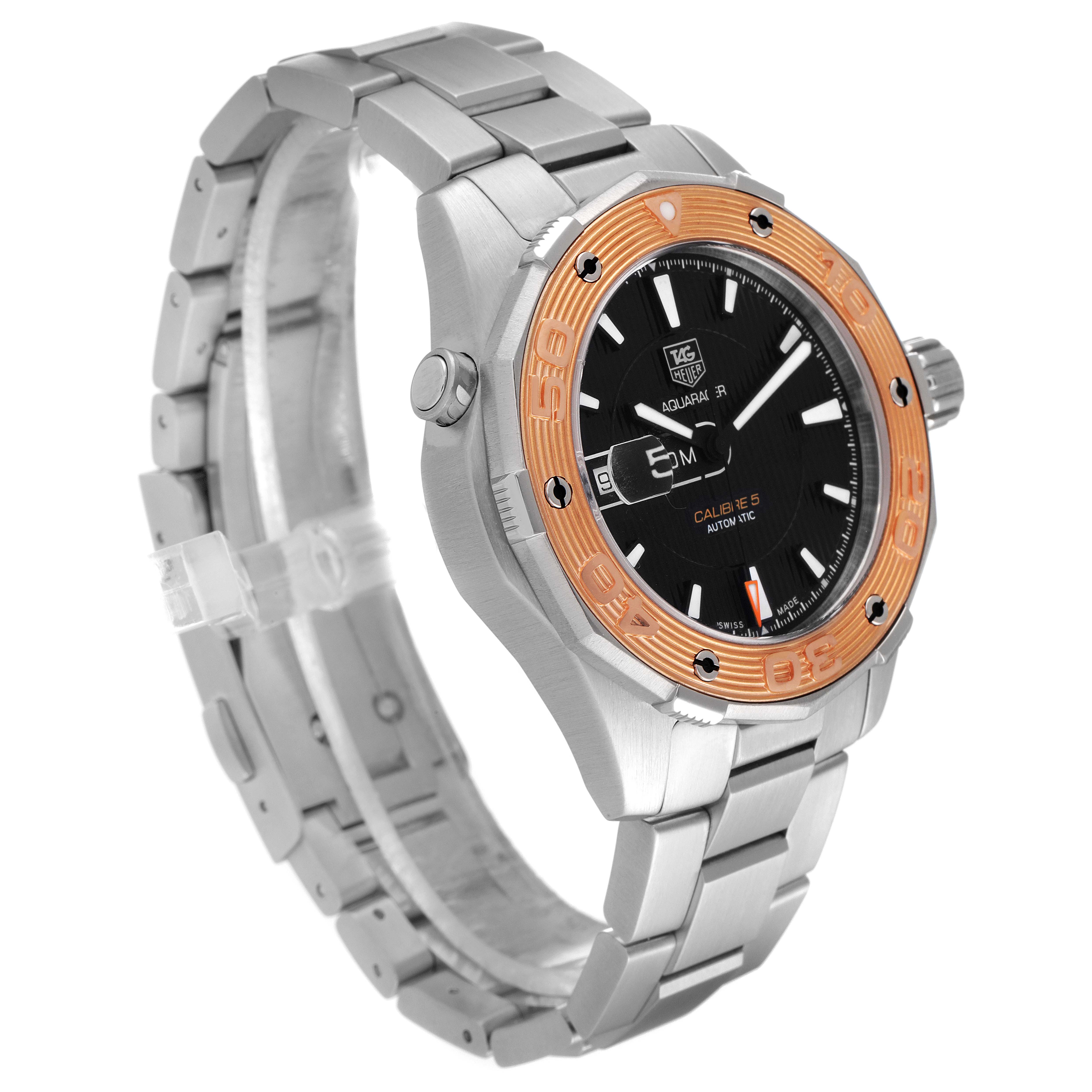 The image shows a side angle of the Tag Heuer Aquaracer WAJ2150.BA0870 Men
s Steel and Gold (two tone) Black Dial WAJ2150.BA0870 Men
s Steel and Gold (two tone) Black Dial watch, highlighting its bracelet, bezel, and dial.