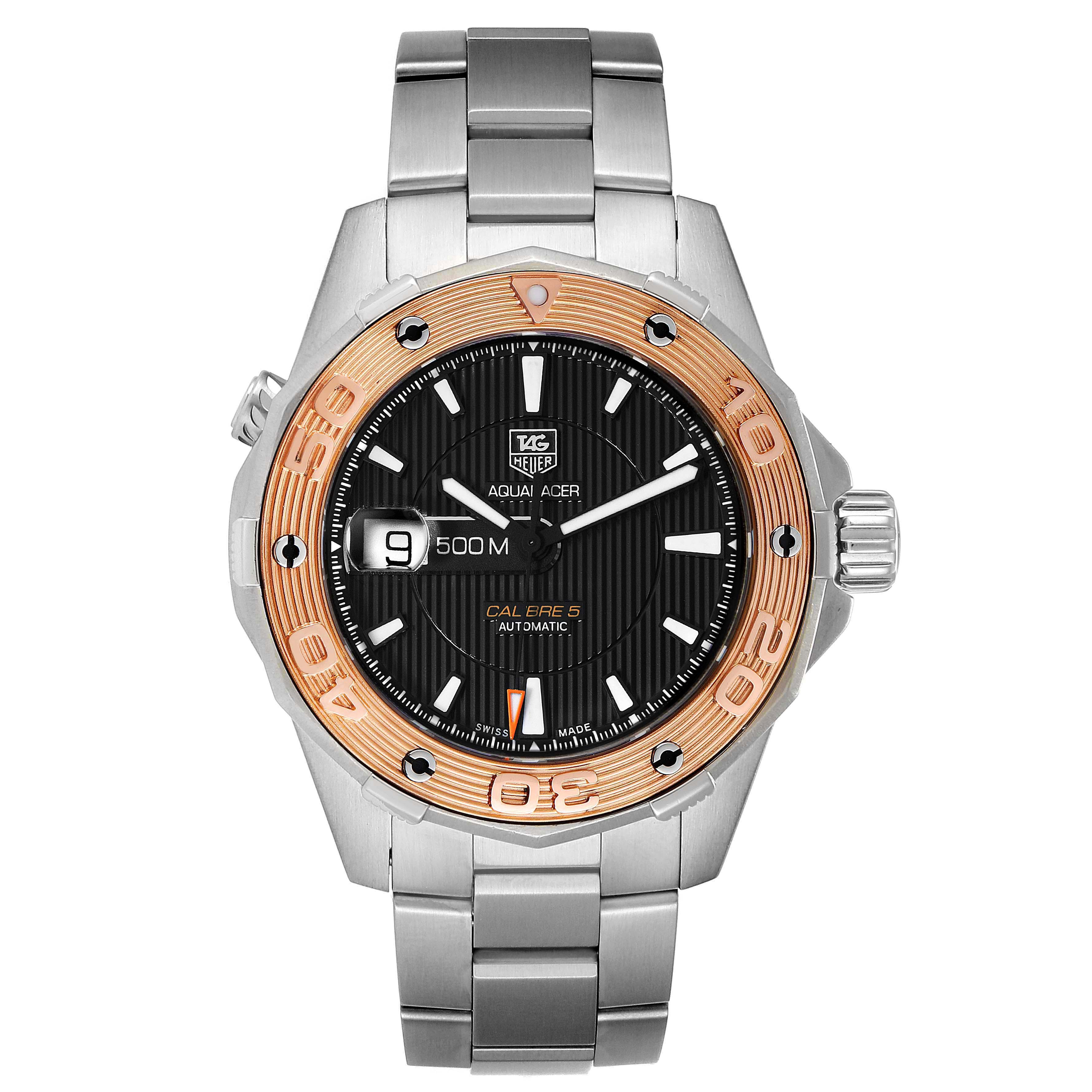 The image shows a front view of the Tag Heuer Aquaracer WAJ2150.BA0870 Men
s Steel and Gold (two tone) Black Dial WAJ2150.BA0870 Men
s Steel and Gold (two tone) Black Dial watch, displaying its face, bezel, and stainless steel bracelet.