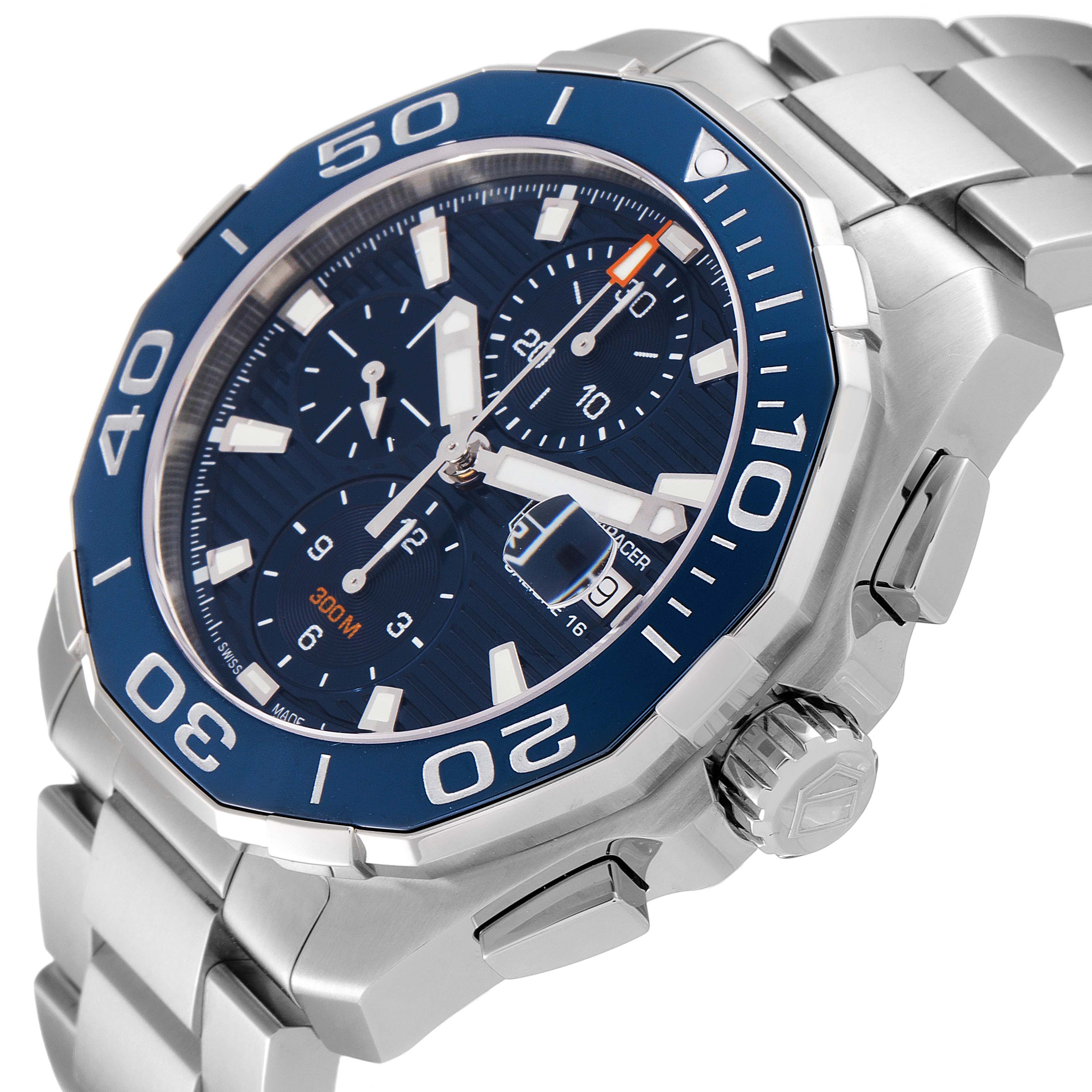 This image shows a close-up angle of the Tag Heuer Aquaracer CAY211B.BA0927 Men's Stainless Steel Blue Dial CAY211B.BA0927 Men's Stainless Steel Blue Dial watch, highlighting the dial, bezel, crown, and bracelet.