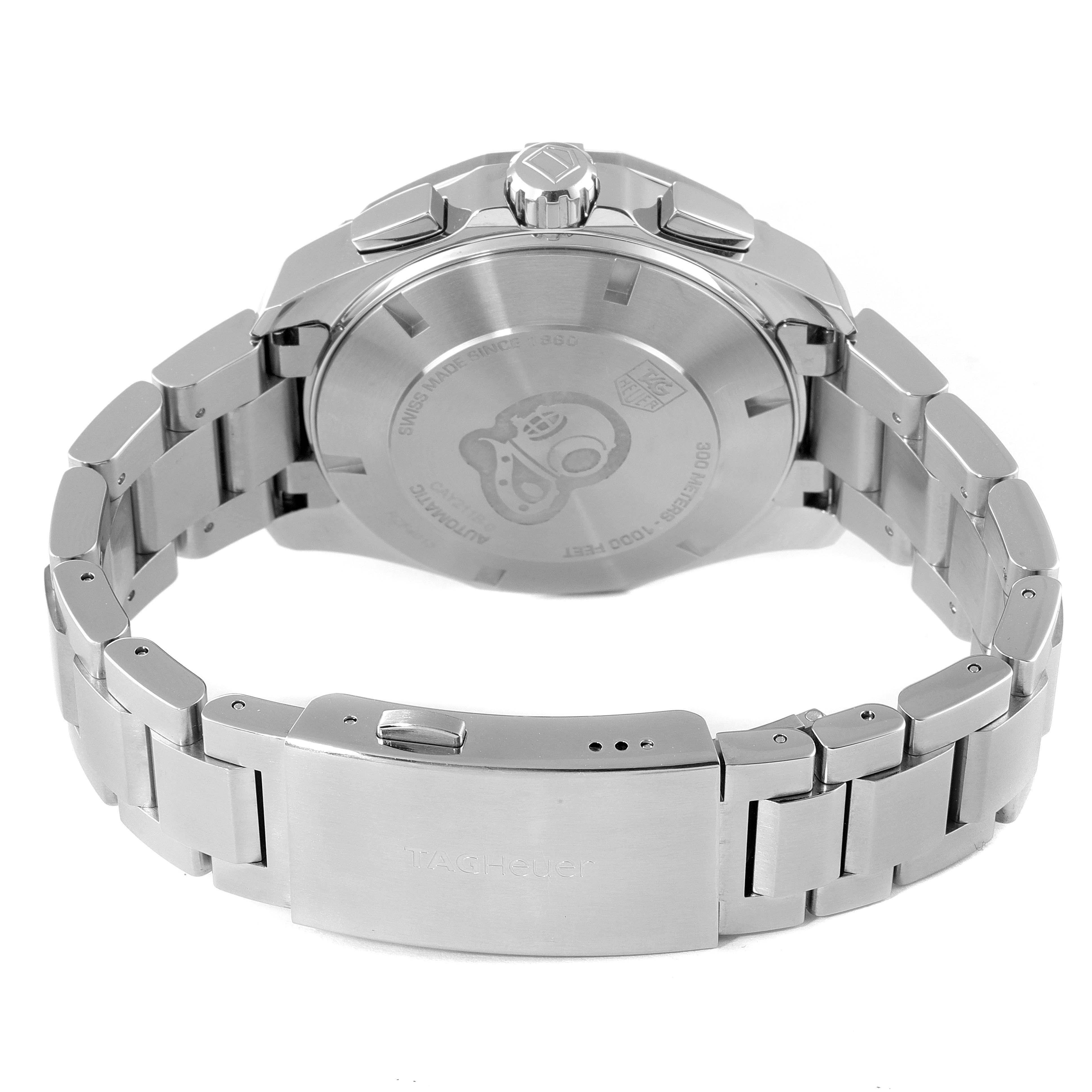 This image shows the back view of a Tag Heuer Aquaracer CAY211B.BA0927 Men's Stainless Steel Blue Dial CAY211B.BA0927 Men's Stainless Steel Blue Dial watch, highlighting its stainless steel bracelet and clasp.