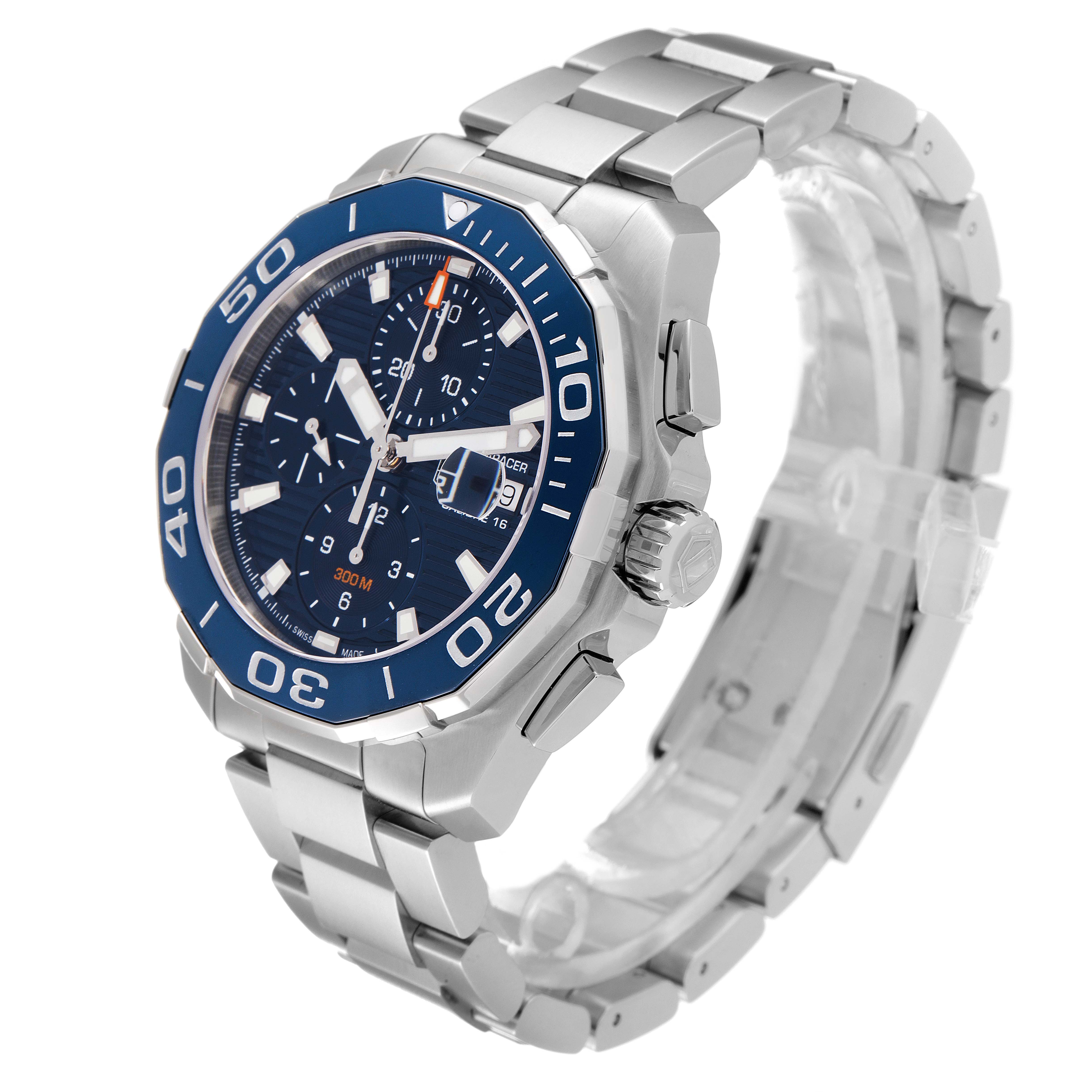 The Tag Heuer Aquaracer CAY211B.BA0927 Men's Stainless Steel Blue Dial CAY211B.BA0927 Men's Stainless Steel Blue Dial watch is shown at a slight right-side angle, displaying its dial, bezel, bracelet, and crown.