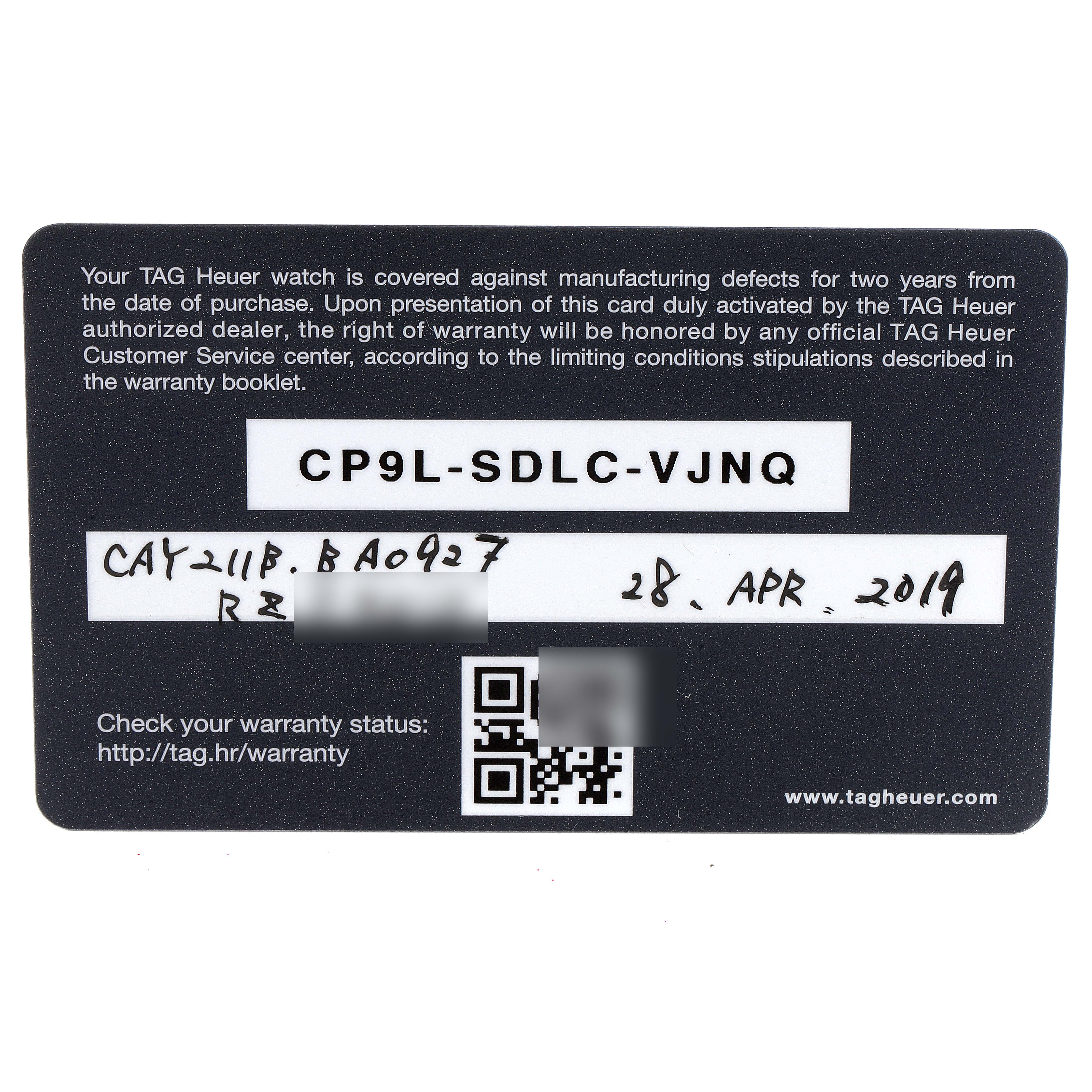 The image shows the warranty card of a Tag Heuer Aquaracer CAY211B.BA0927 Men's Stainless Steel Blue Dial CAY211B.BA0927 Men's Stainless Steel Blue Dial watch.