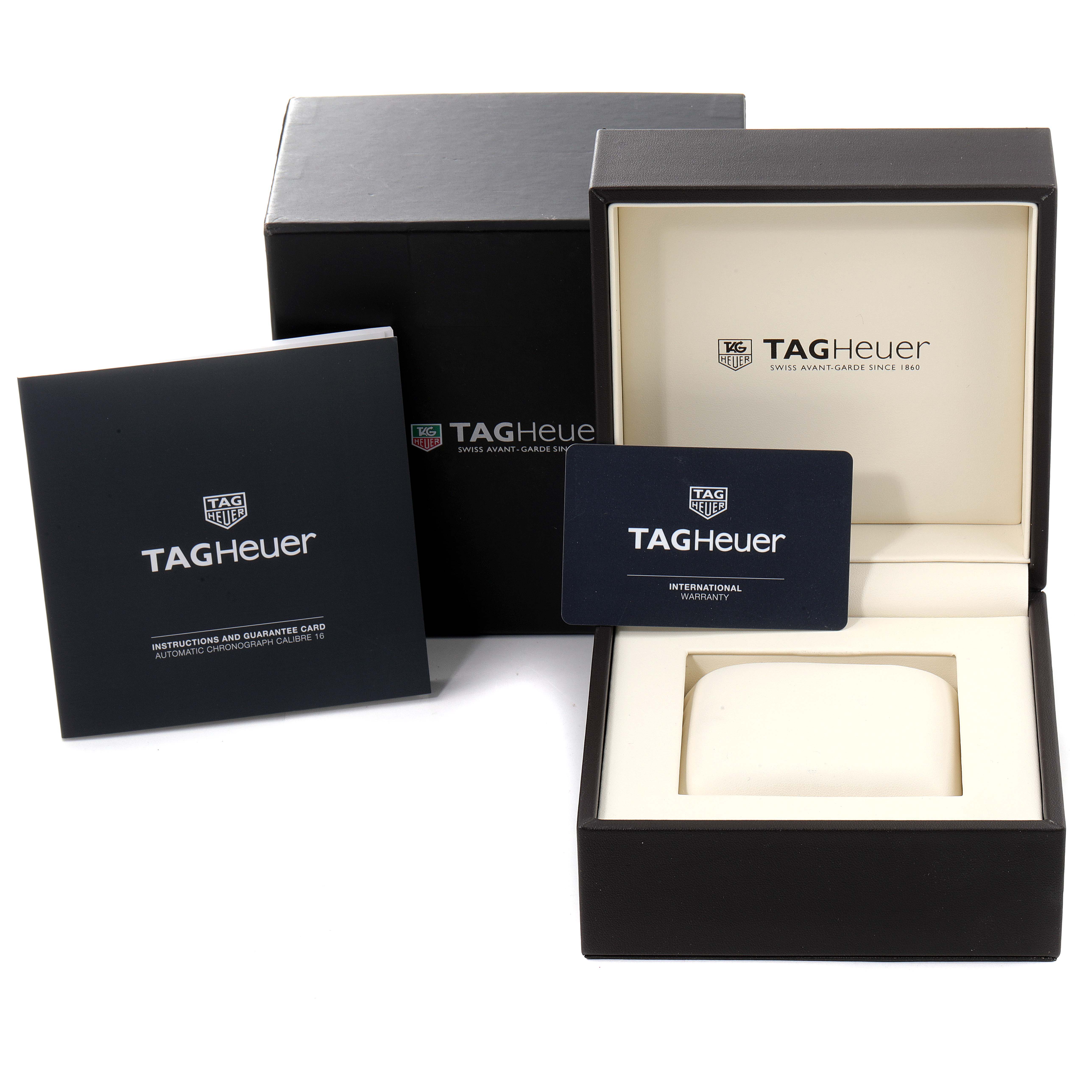 The image shows the box, warranty card, and instruction manual for the Tag Heuer Aquaracer CAY211B.BA0927 Men's Stainless Steel Blue Dial CAY211B.BA0927 Men's Stainless Steel Blue Dial watch.