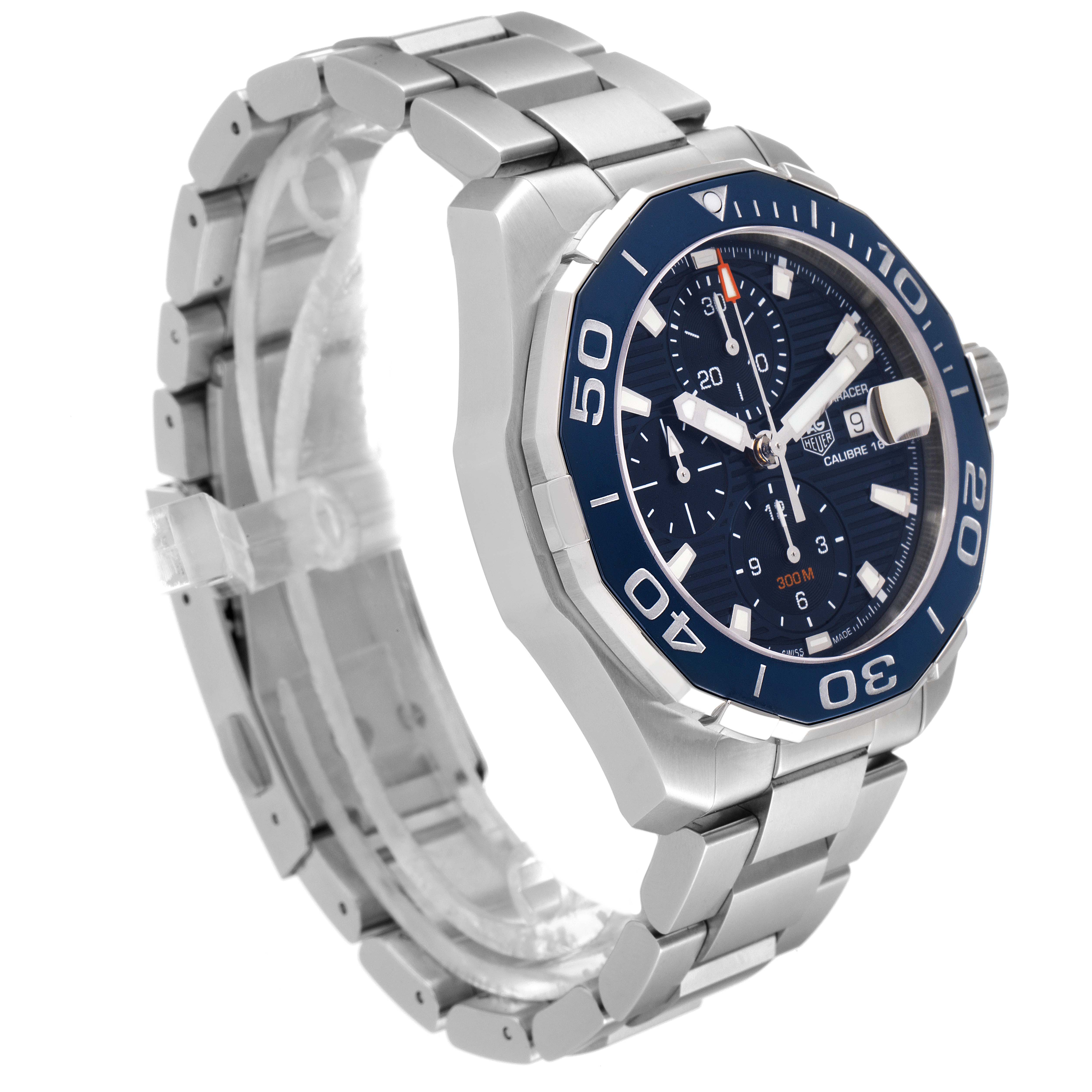 The Tag Heuer Aquaracer CAY211B.BA0927 Men's Stainless Steel Blue Dial CAY211B.BA0927 Men's Stainless Steel Blue Dial watch is shown at a slight angle, displaying its stainless steel bracelet, blue bezel, and dial.