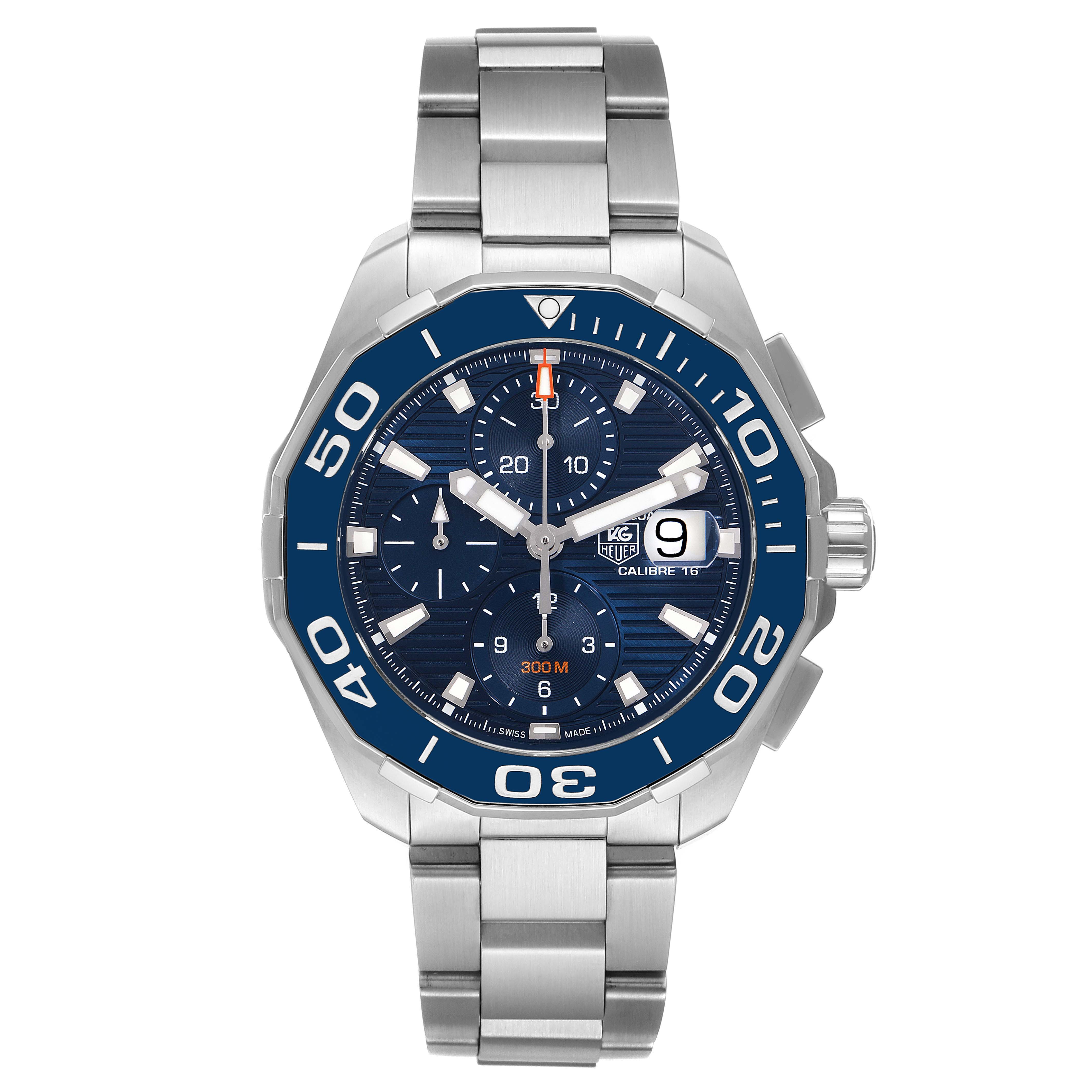 This image shows a front view of the Tag Heuer Aquaracer CAY211B.BA0927 Men's Stainless Steel Blue Dial CAY211B.BA0927 Men's Stainless Steel Blue Dial watch, displaying its blue bezel, dial, and stainless steel bracelet.