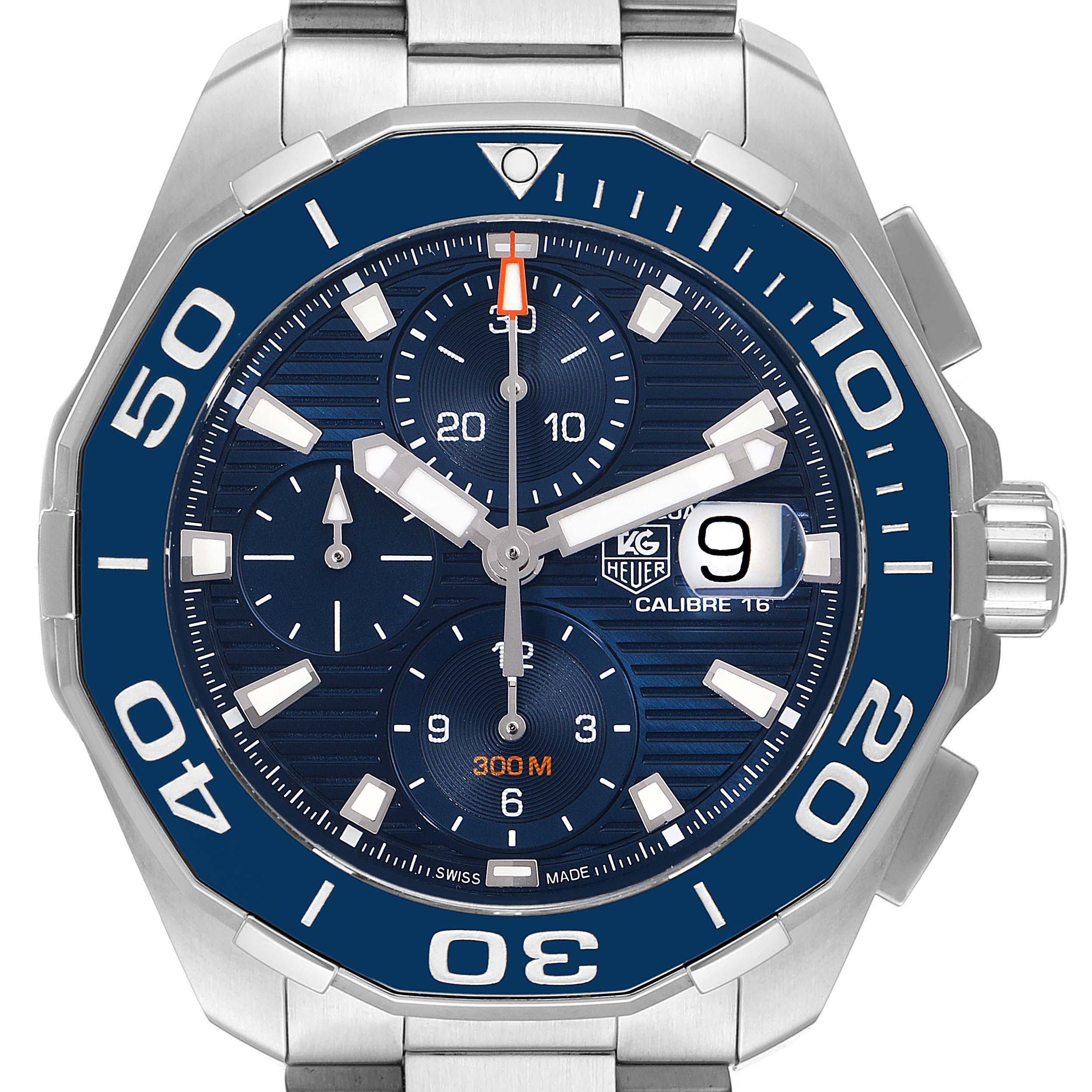 The image shows a close-up front view of the dial and bezel of a Tag Heuer Aquaracer CAY211B.BA0927 Men's Stainless Steel Blue Dial CAY211B.BA0927 Men's Stainless Steel Blue Dial watch.