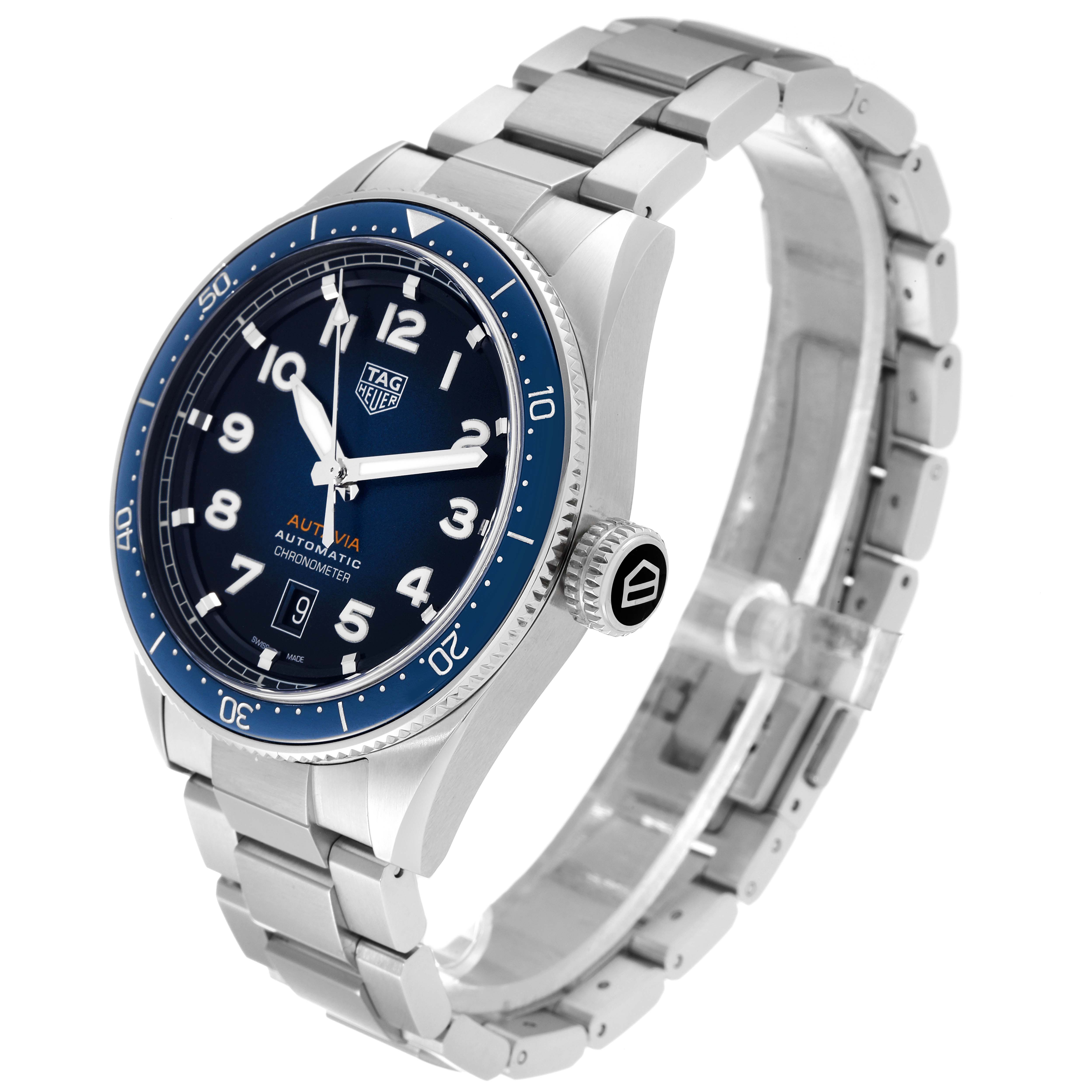 This Tag Heuer Autavia WBE5116.EB0173 Men's Stainless Steel Blue Dial WBE5116.EB0173 Men's Stainless Steel Blue Dial model watch is shown from a three-quarter angle, displaying the face, bracelet, and crown.