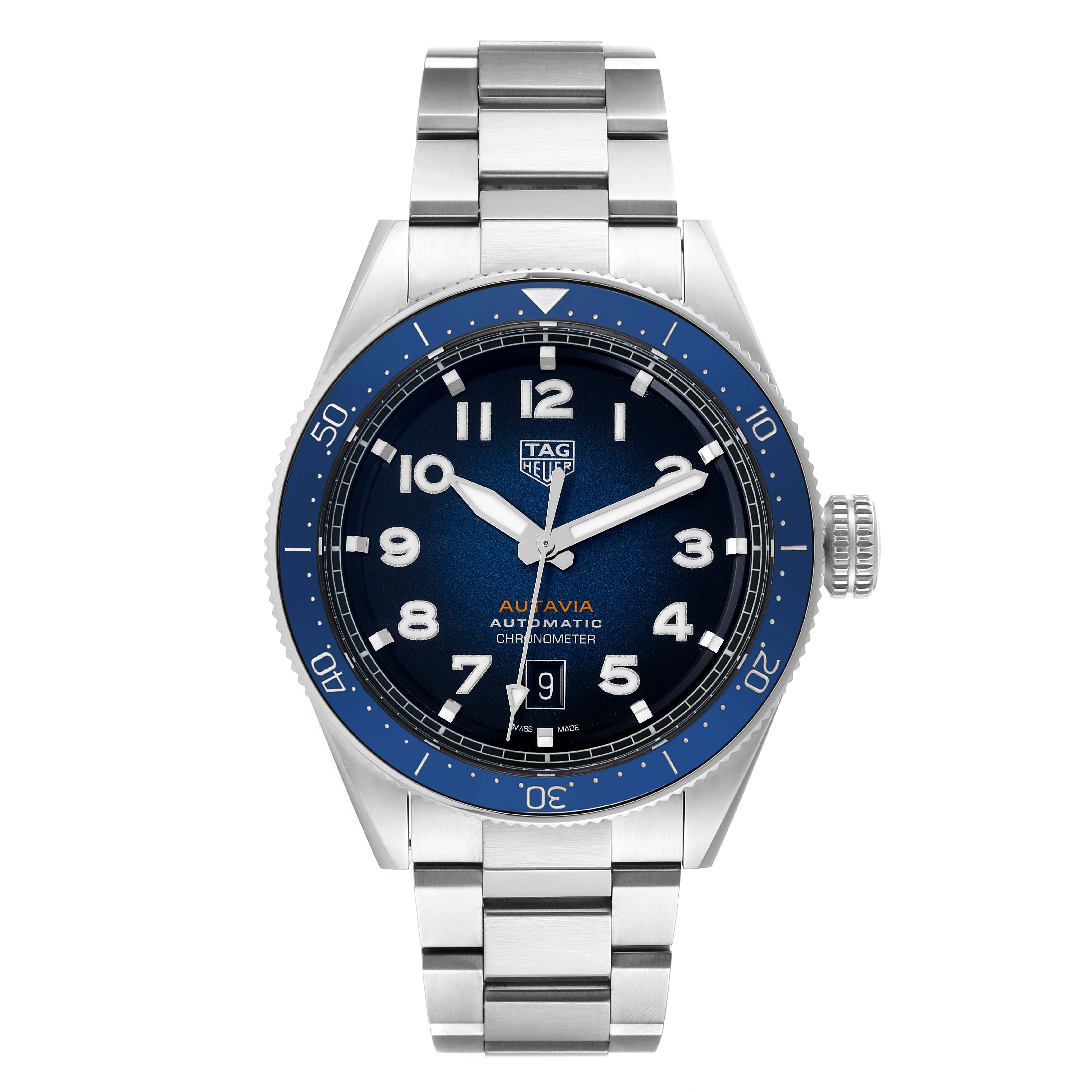 This image shows a front view of the Tag Heuer Autavia WBE5116.EB0173 Men's Stainless Steel Blue Dial WBE5116.EB0173 Men's Stainless Steel Blue Dial watch with a metal bracelet, blue bezel, and blue dial.